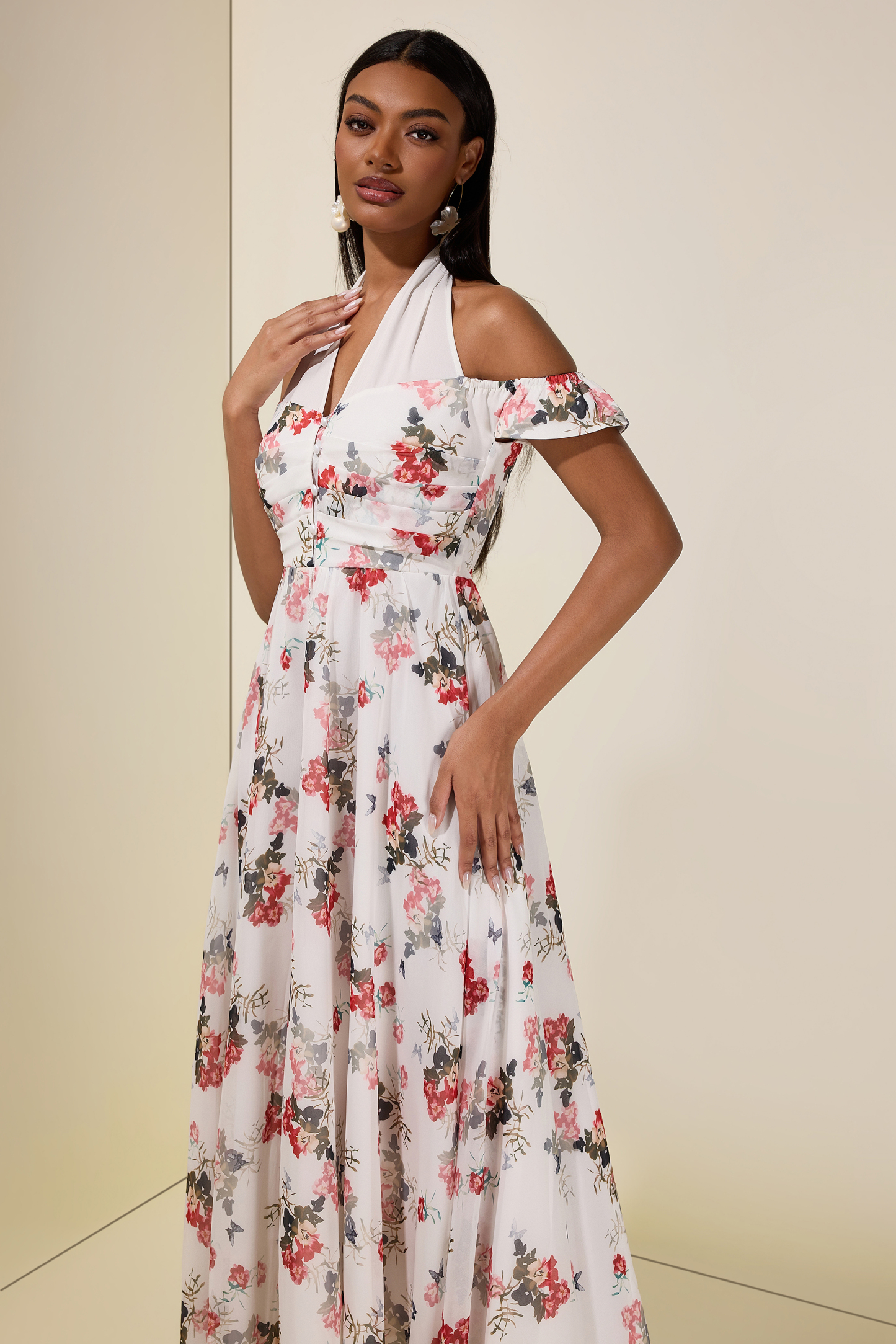 Floral Single Breasted V-Neck Maxi Dress