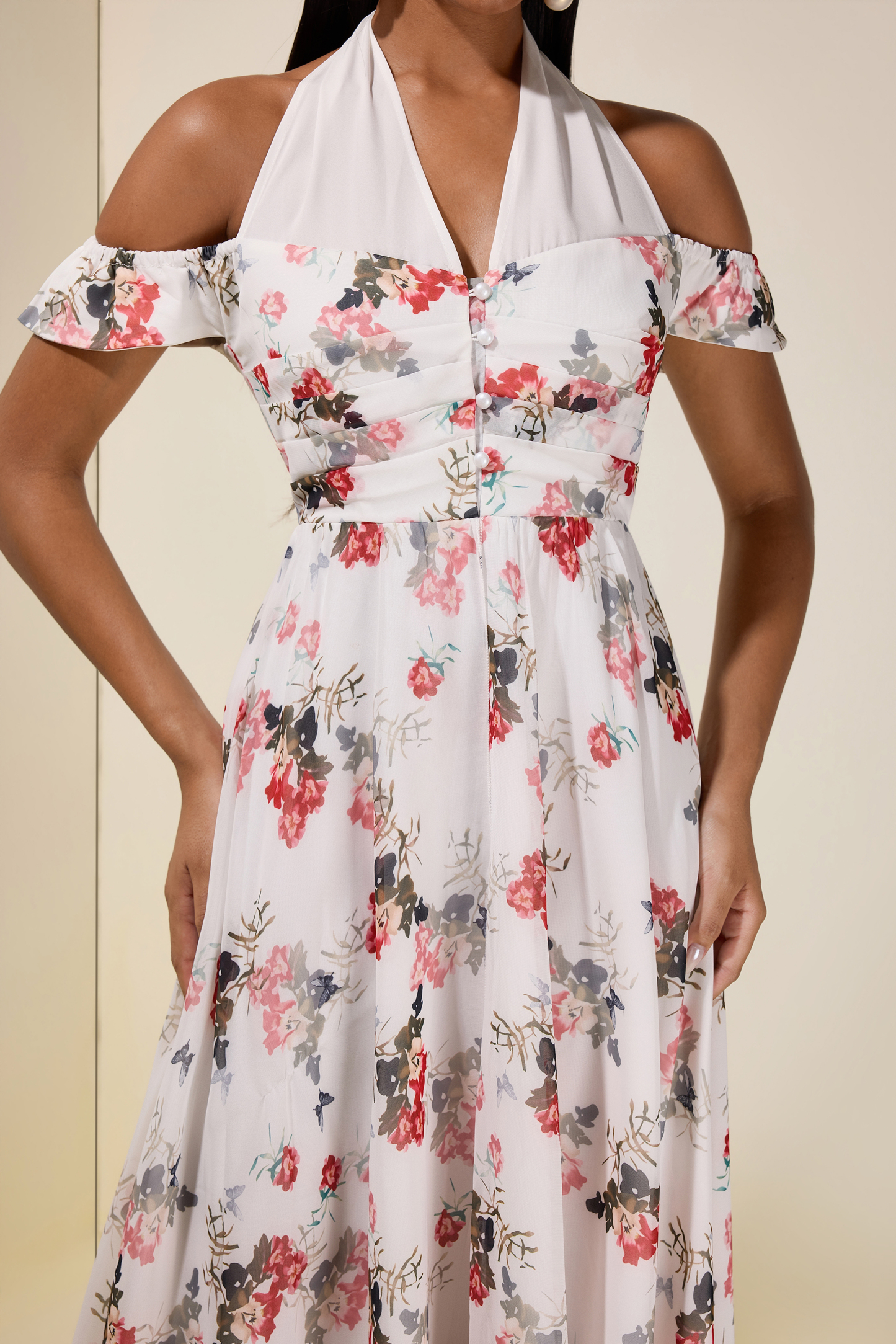 Floral Single Breasted V-Neck Maxi Dress