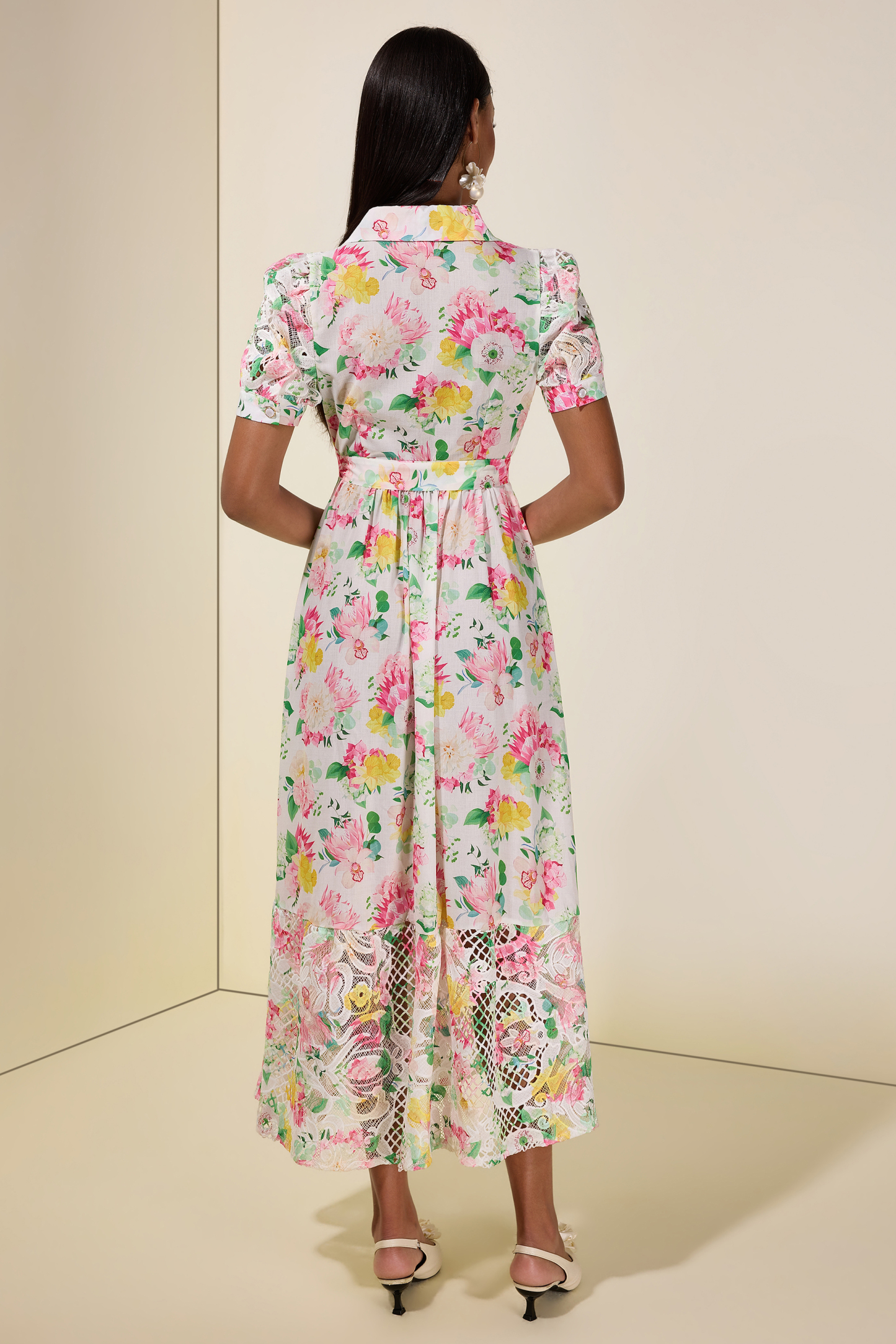 Floral Lace Tailored Collar Midi Dress