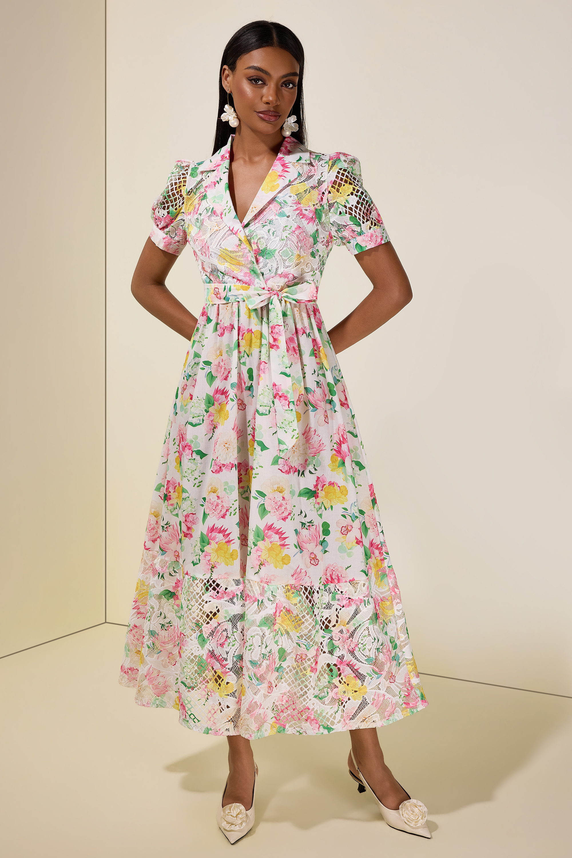 Floral Lace Tailored Collar Midi Dress