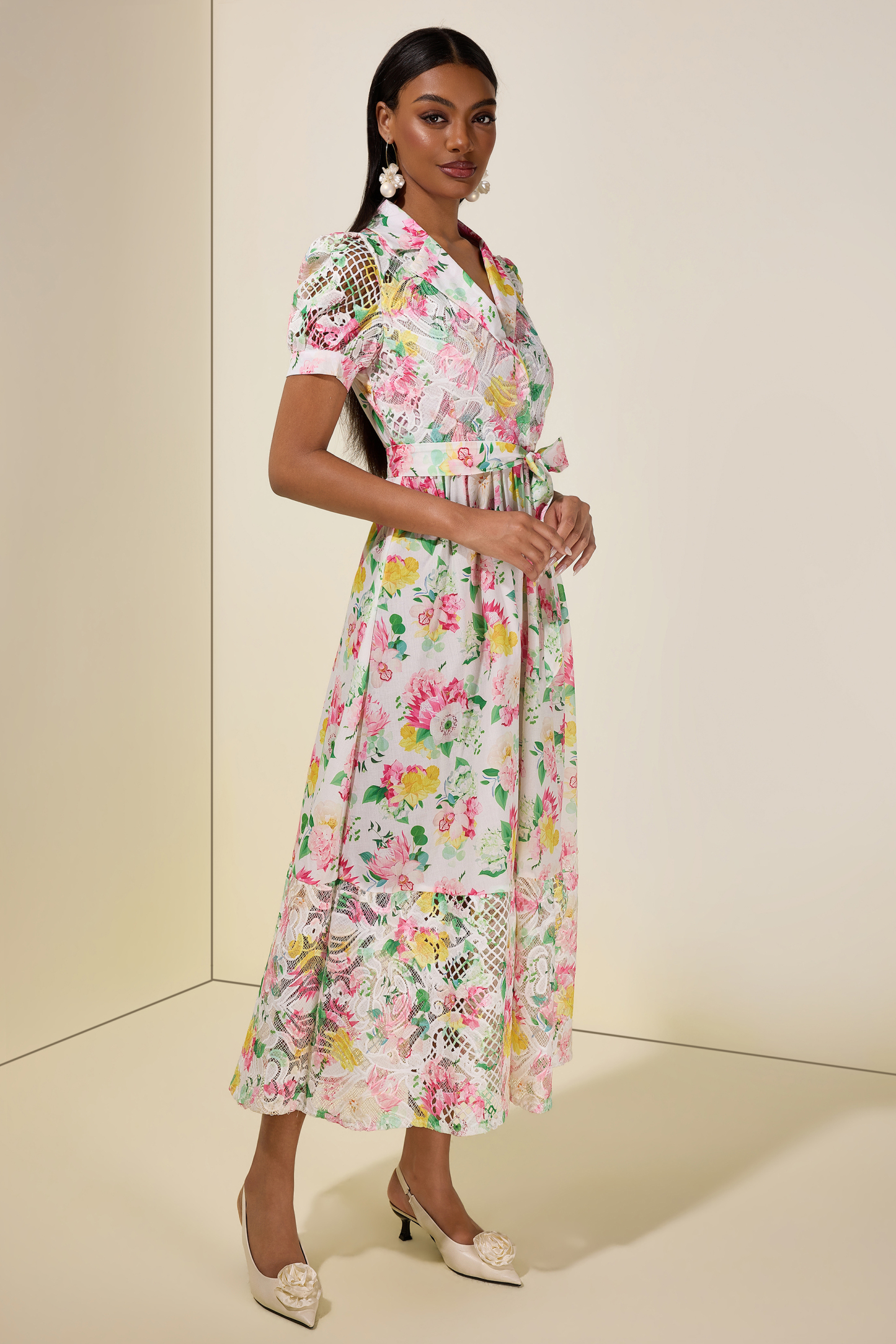Floral Lace Tailored Collar Midi Dress