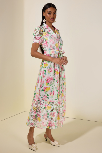 Floral Lace Tailored Collar Midi Dress