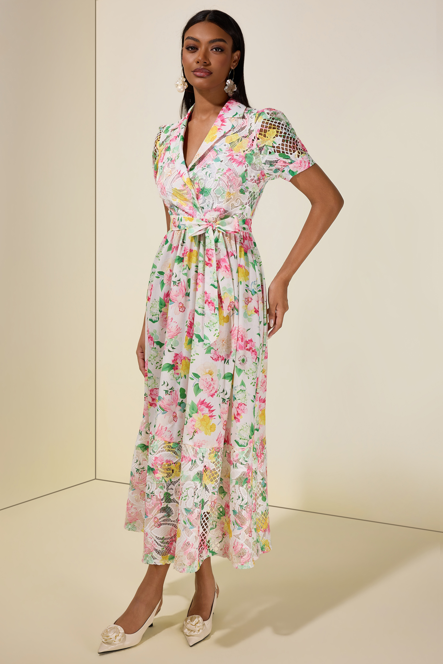 Floral Lace Tailored Collar Midi Dress