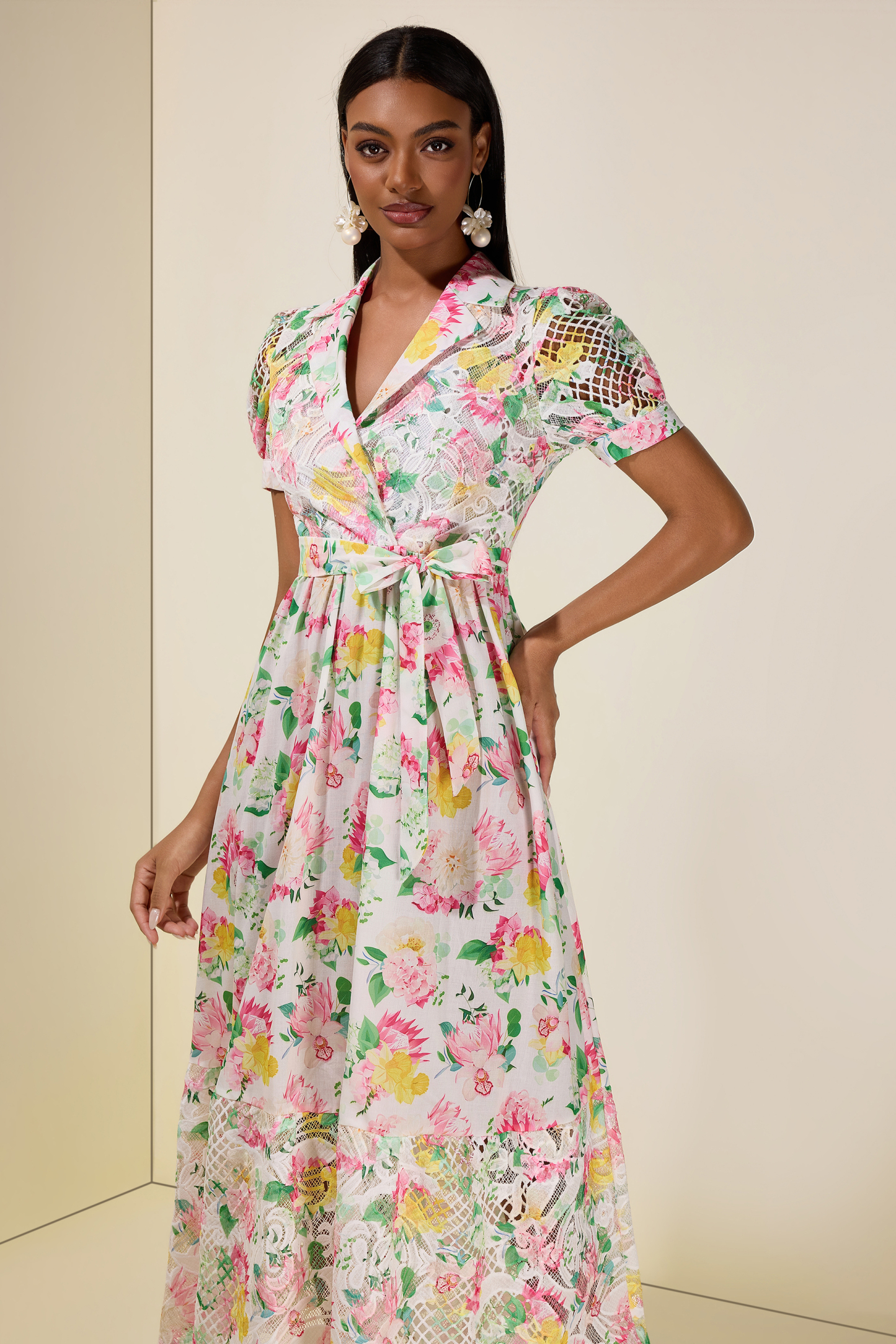 Floral Lace Tailored Collar Midi Dress