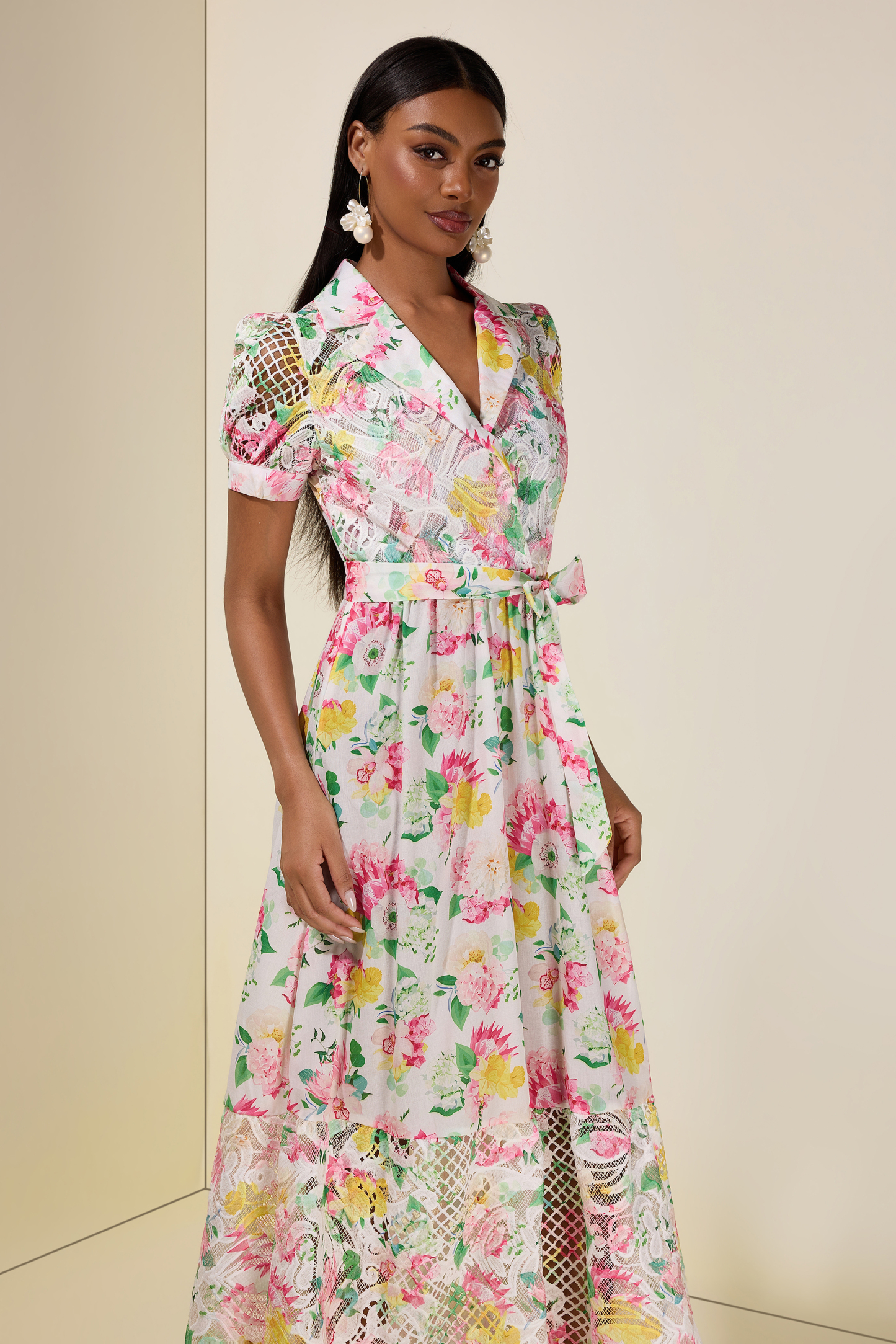 Floral Lace Tailored Collar Midi Dress