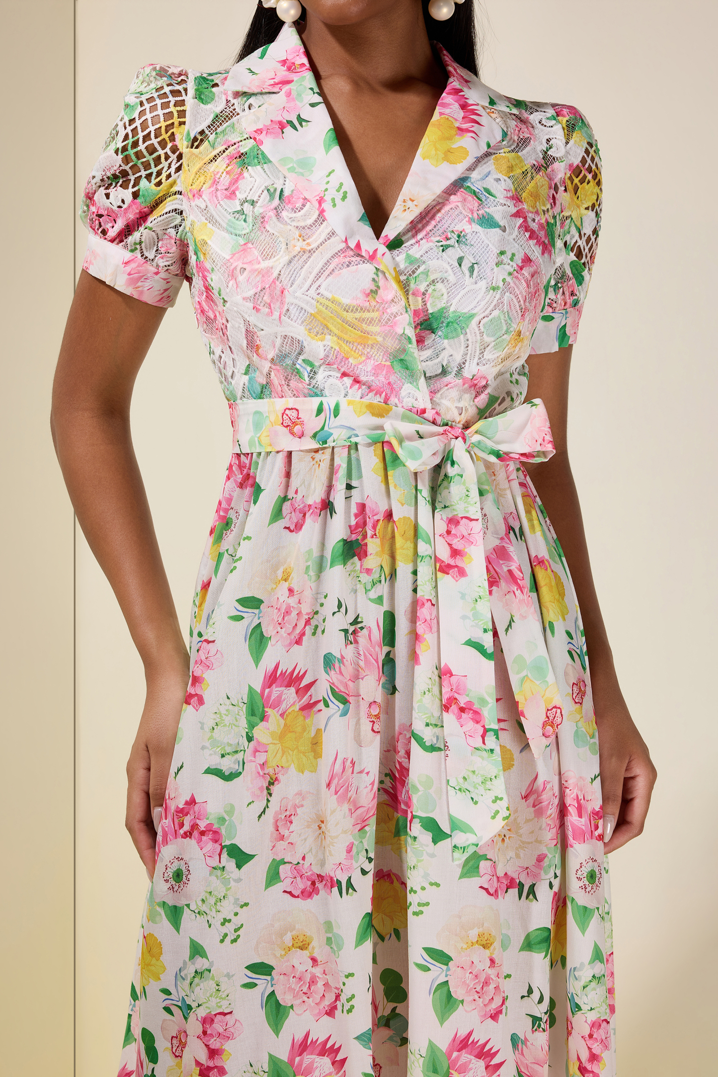 Floral Lace Tailored Collar Midi Dress