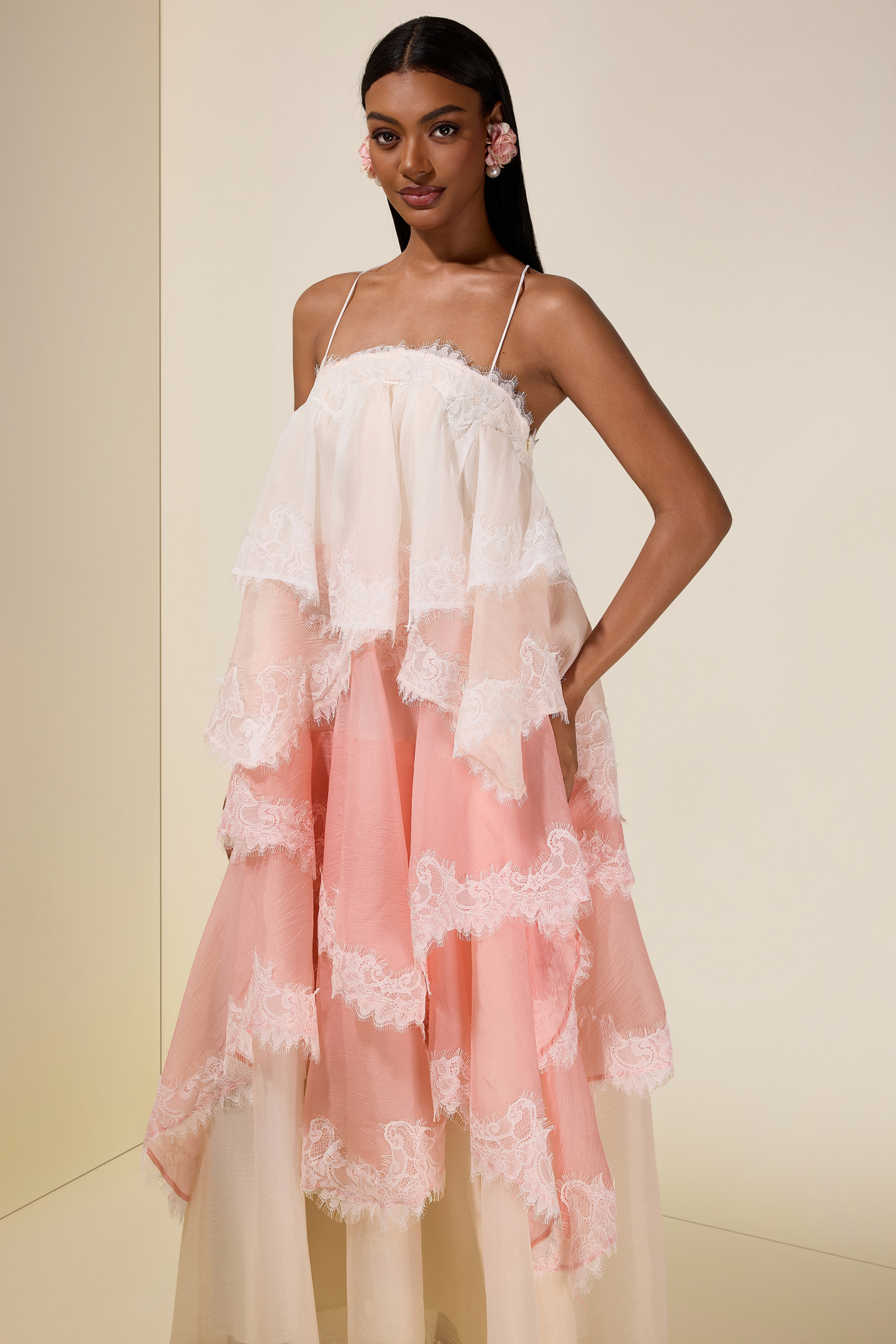 Chiffon Gradient Color Lace Maxi Dress