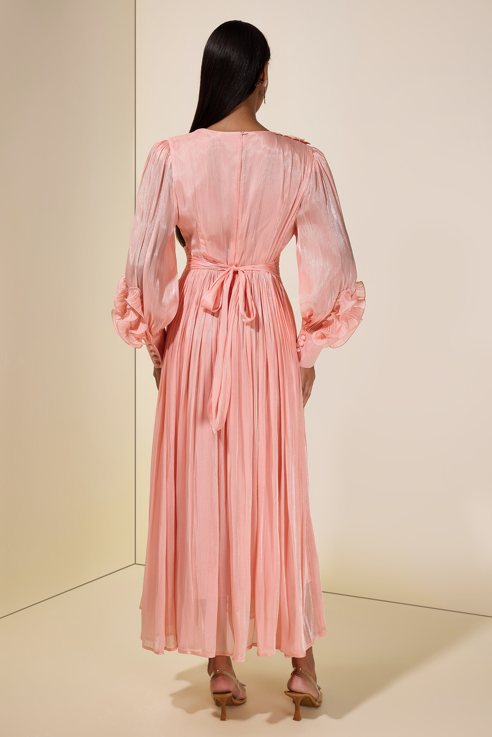 Satin V-Neck Ruffle Midi Dress