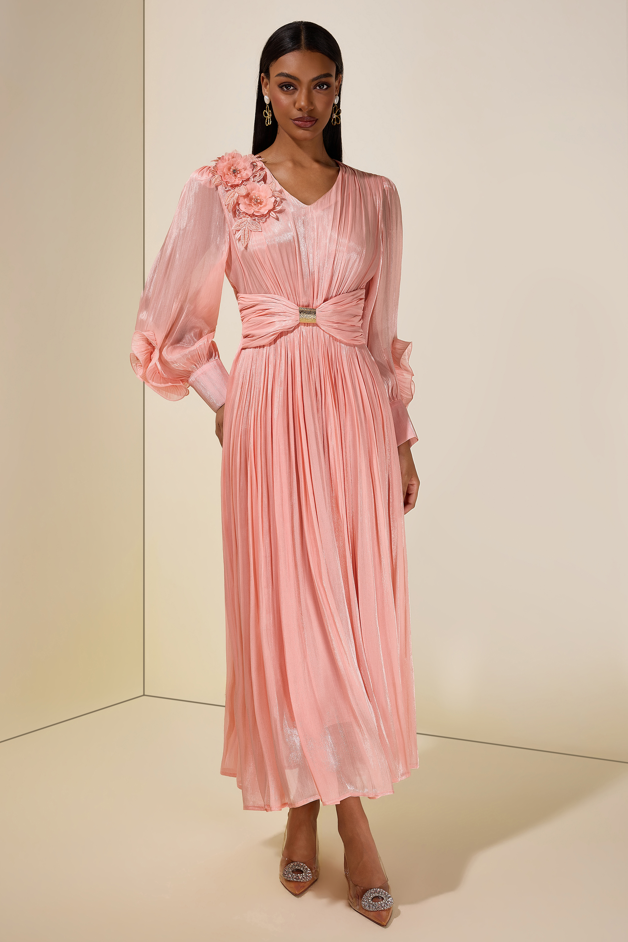 Satin V-Neck Ruffle Midi Dress