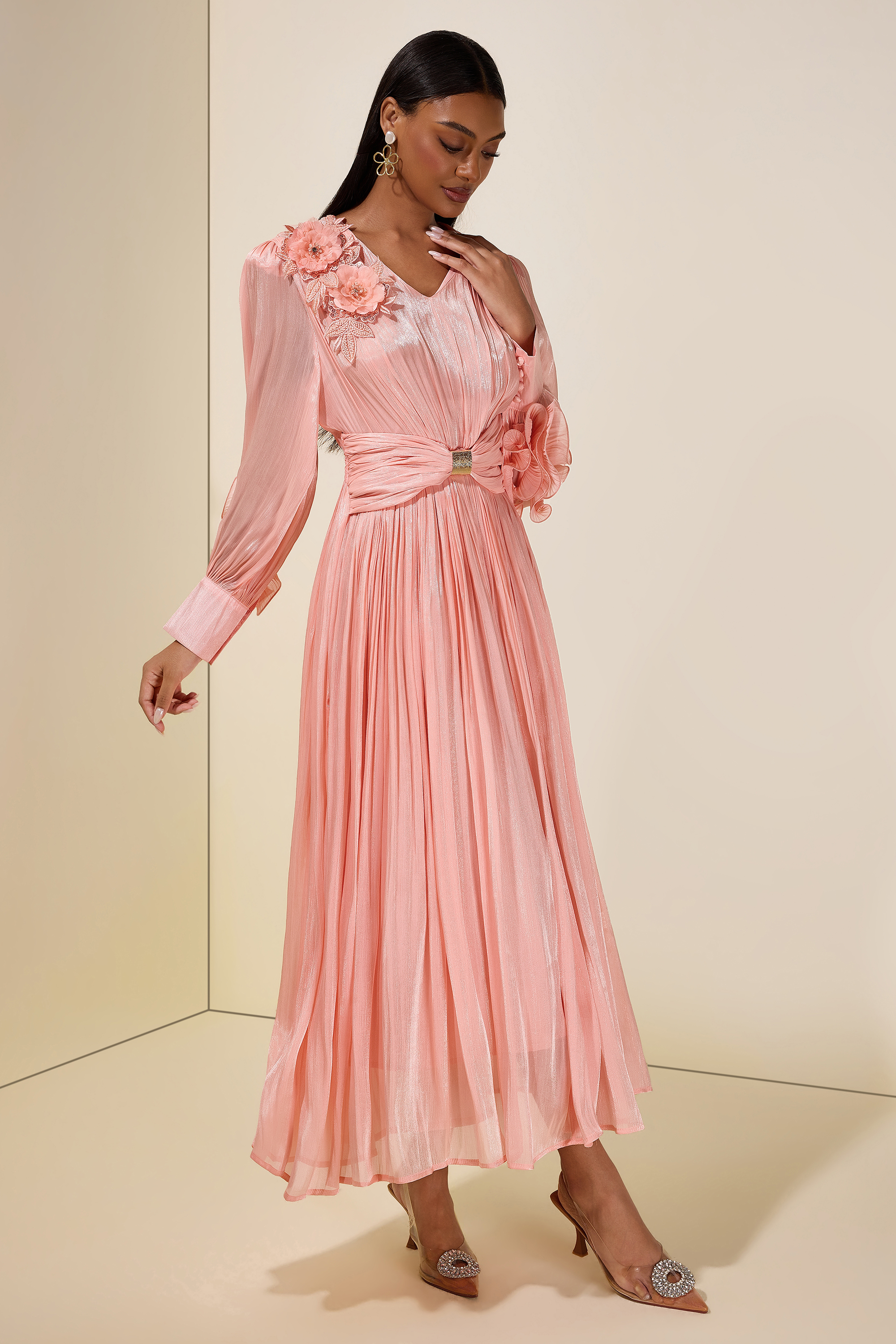 Satin V-Neck Ruffle Midi Dress