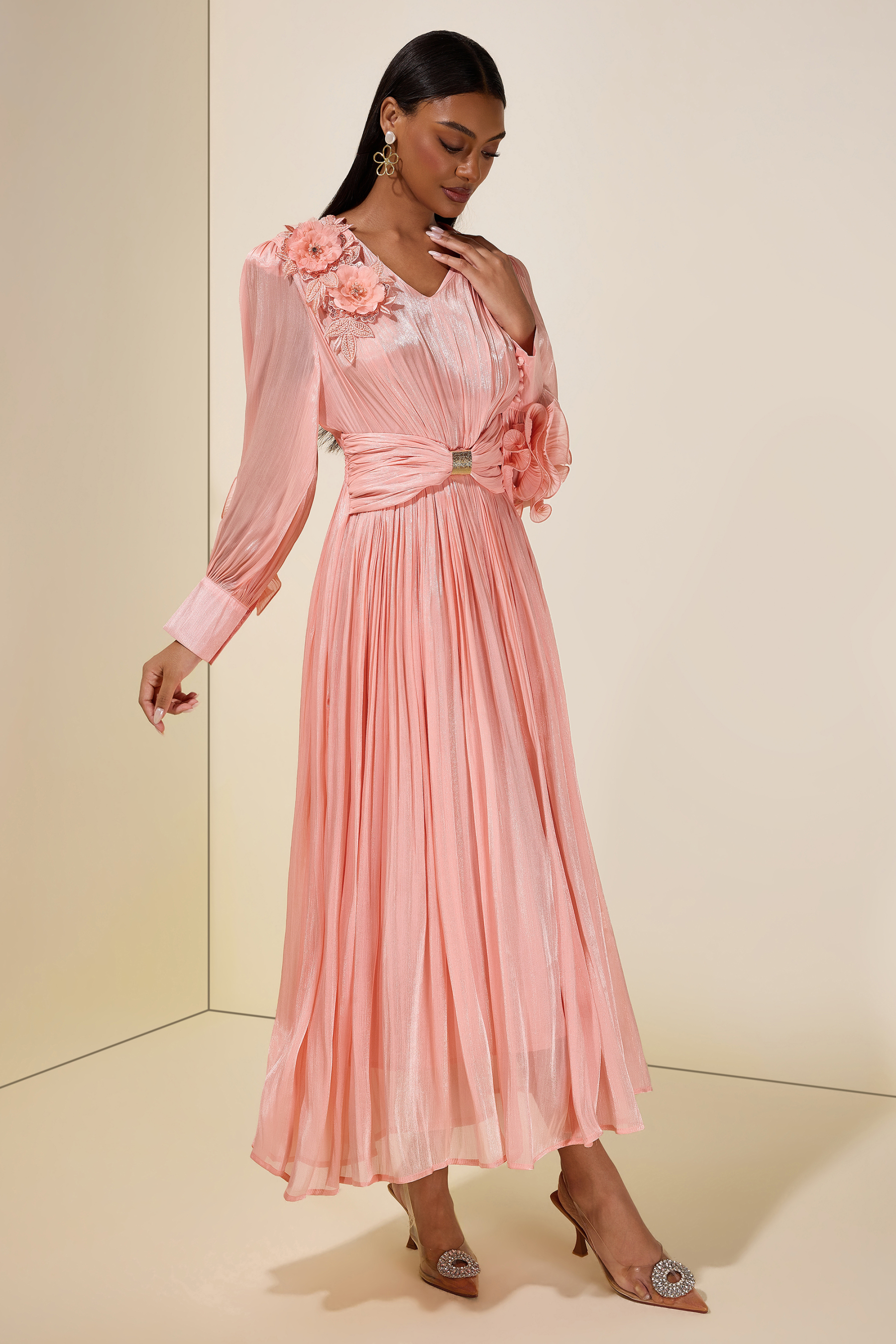 Satin V-Neck Ruffle Midi Dress