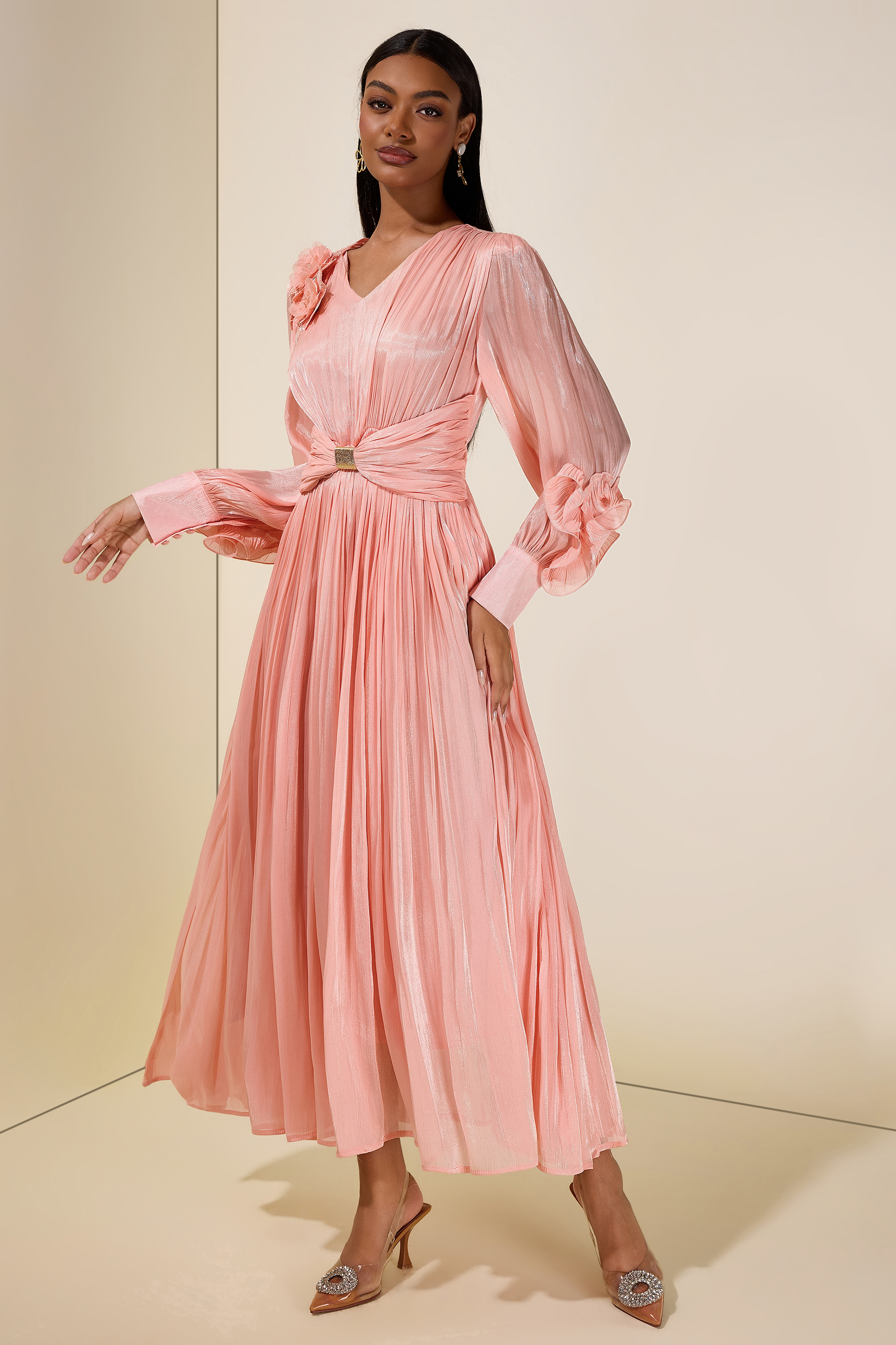 Satin V-Neck Ruffle Midi Dress