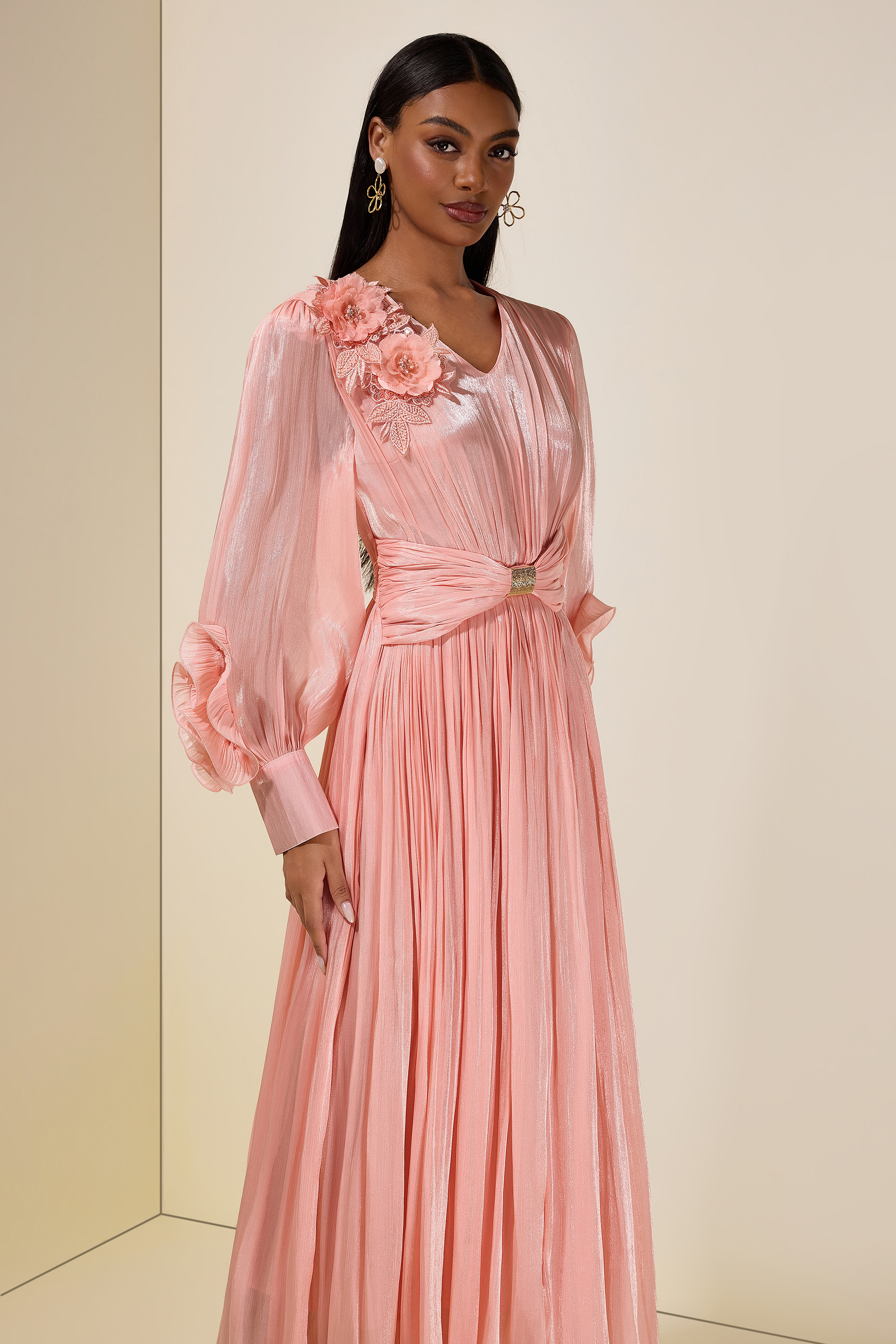 Satin V-Neck Ruffle Midi Dress