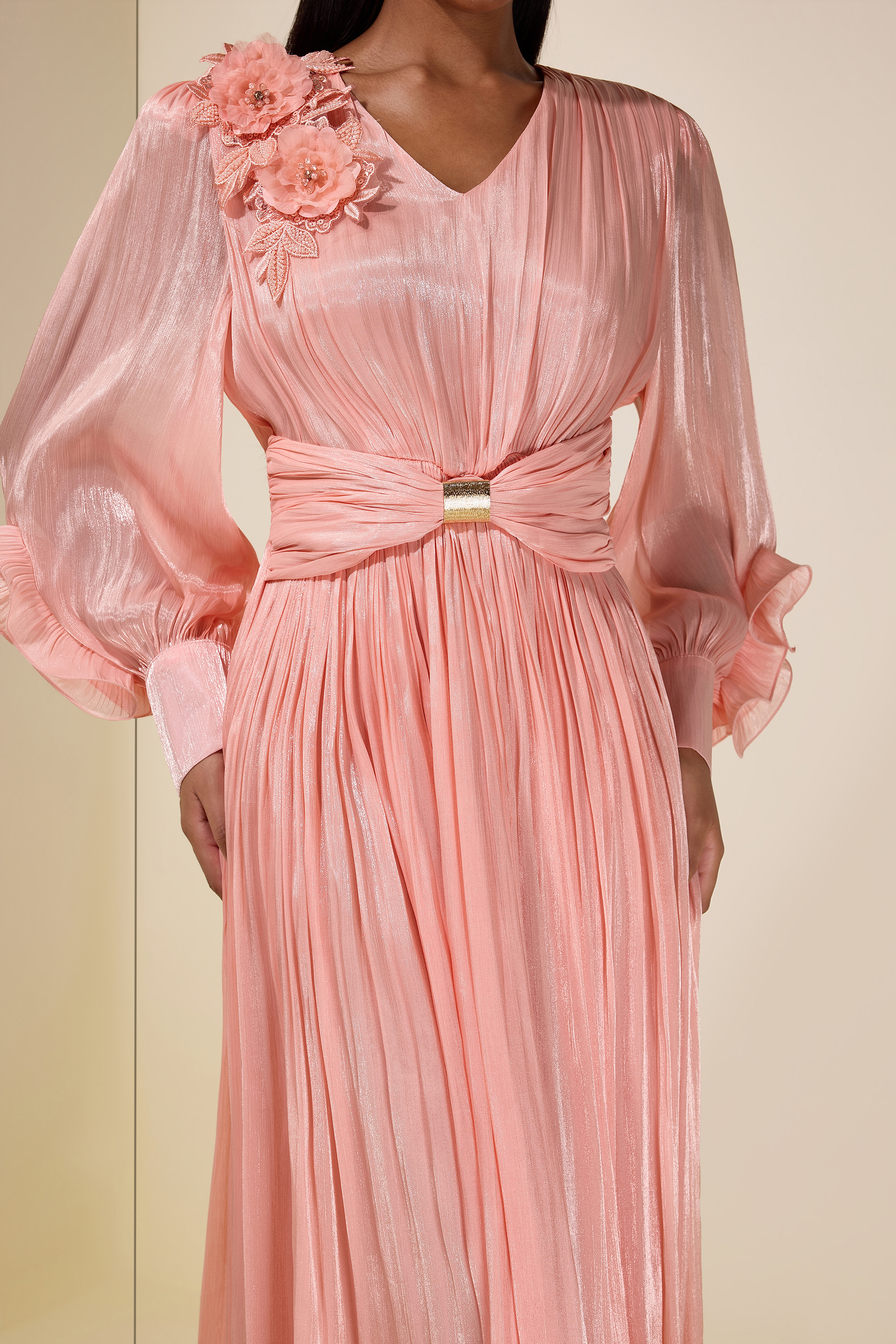 Satin V-Neck Ruffle Midi Dress