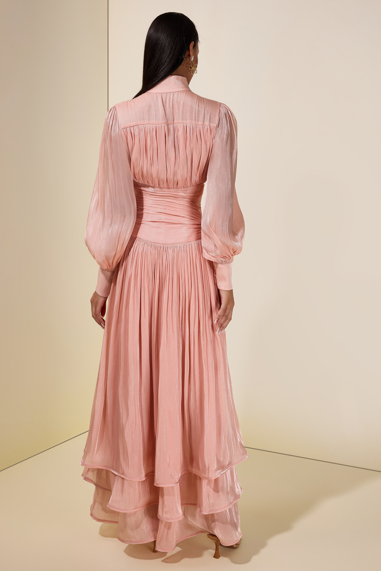 Satin Ruffle Lantern Sleeve Midi Dress