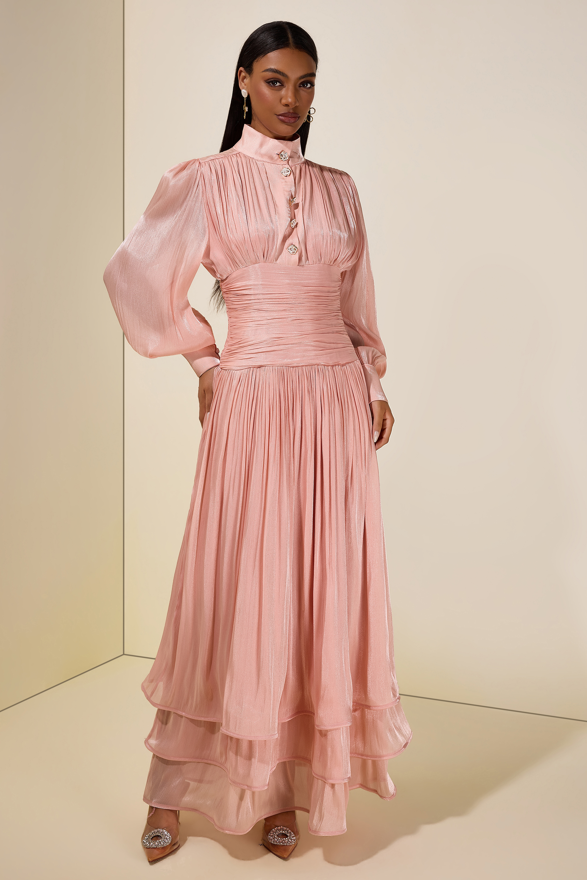 Satin Ruffle Lantern Sleeve Midi Dress