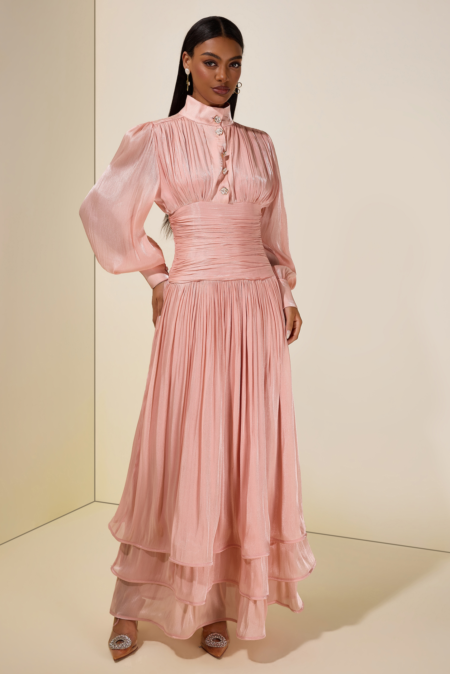 Satin Ruffle Lantern Sleeve Midi Dress