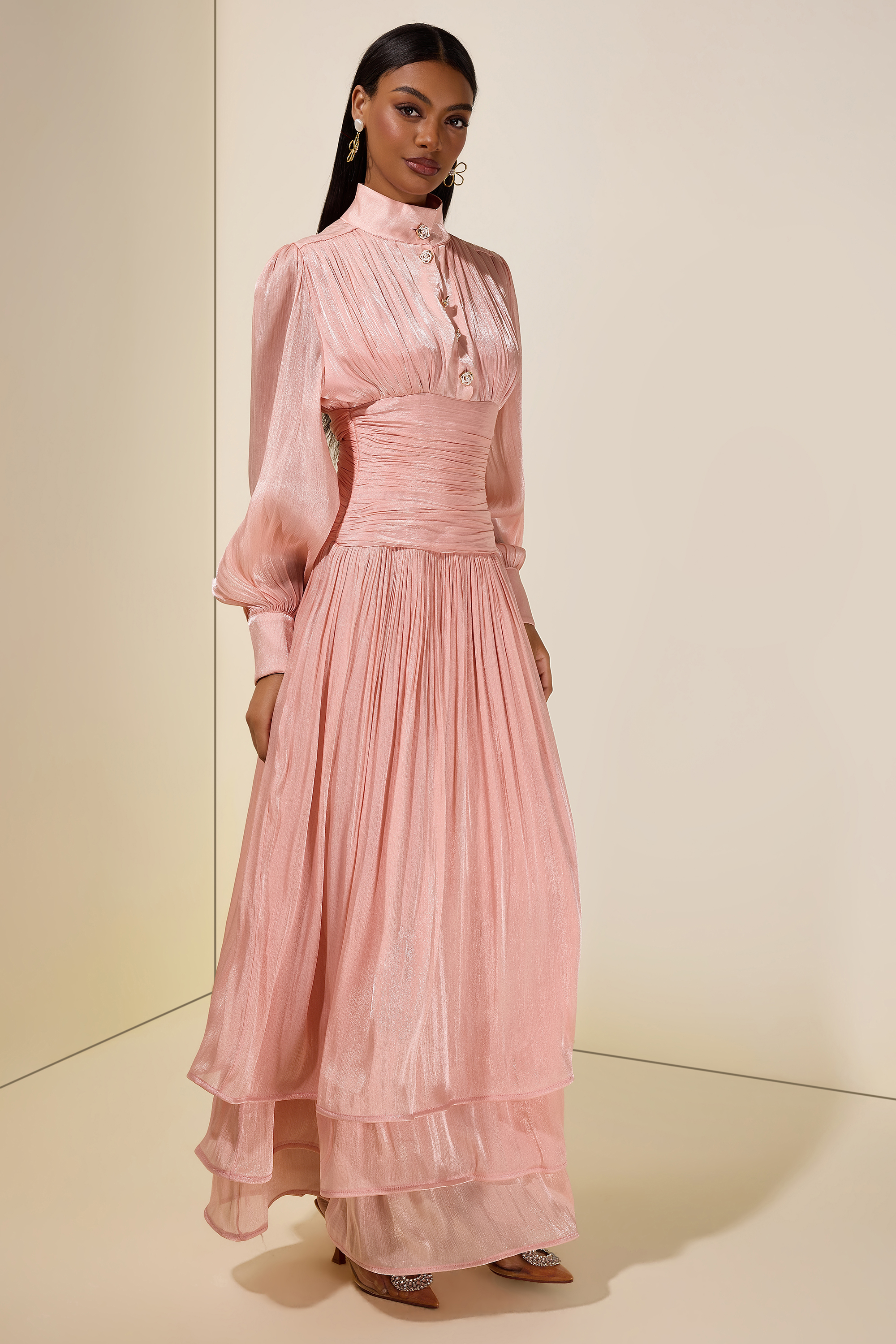 Satin Ruffle Lantern Sleeve Midi Dress