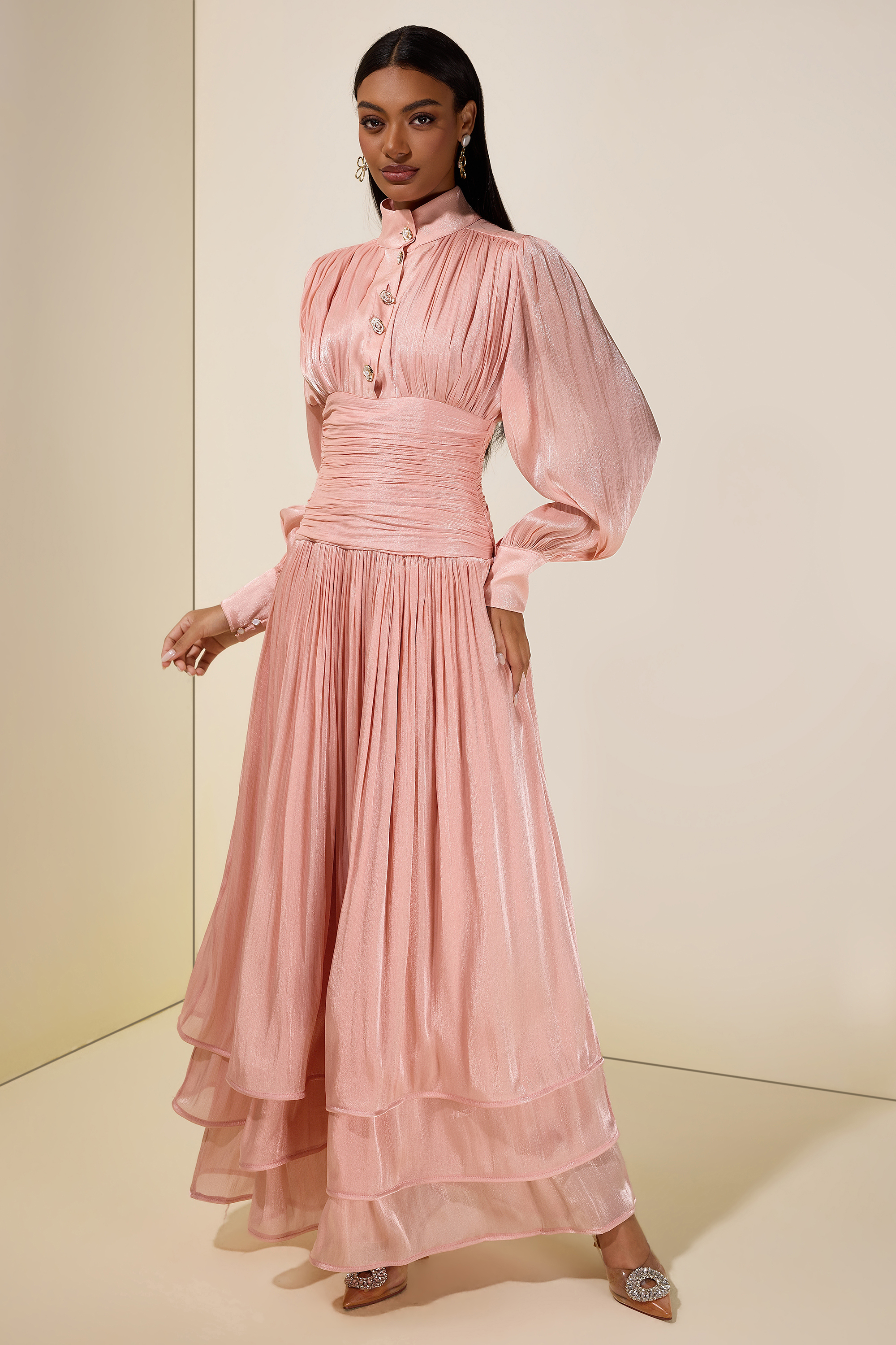 Satin Ruffle Lantern Sleeve Midi Dress