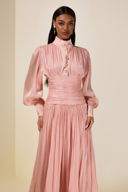 Satin Ruffle Lantern Sleeve Midi Dress