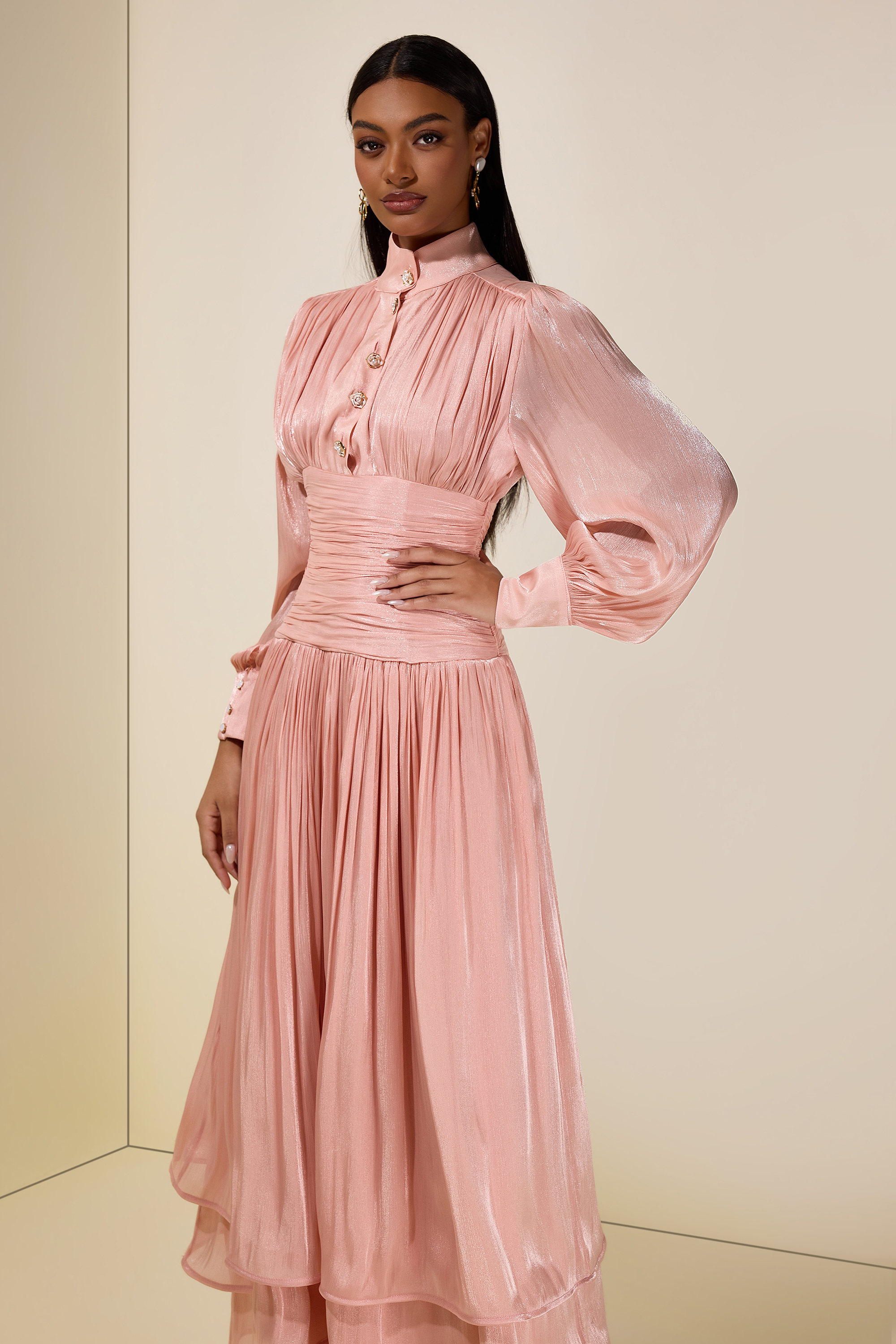Satin Ruffle Lantern Sleeve Midi Dress