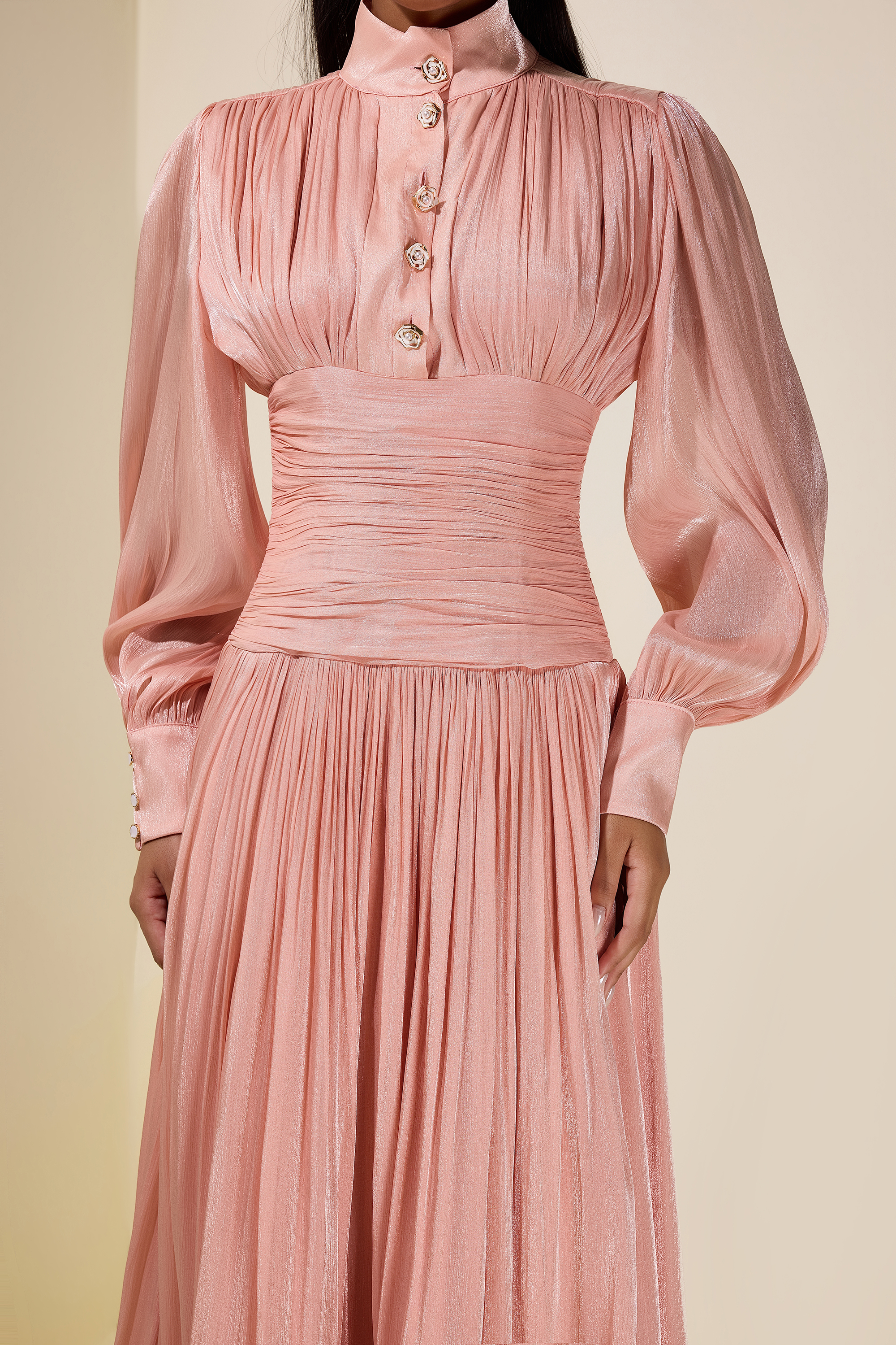Satin Ruffle Lantern Sleeve Midi Dress