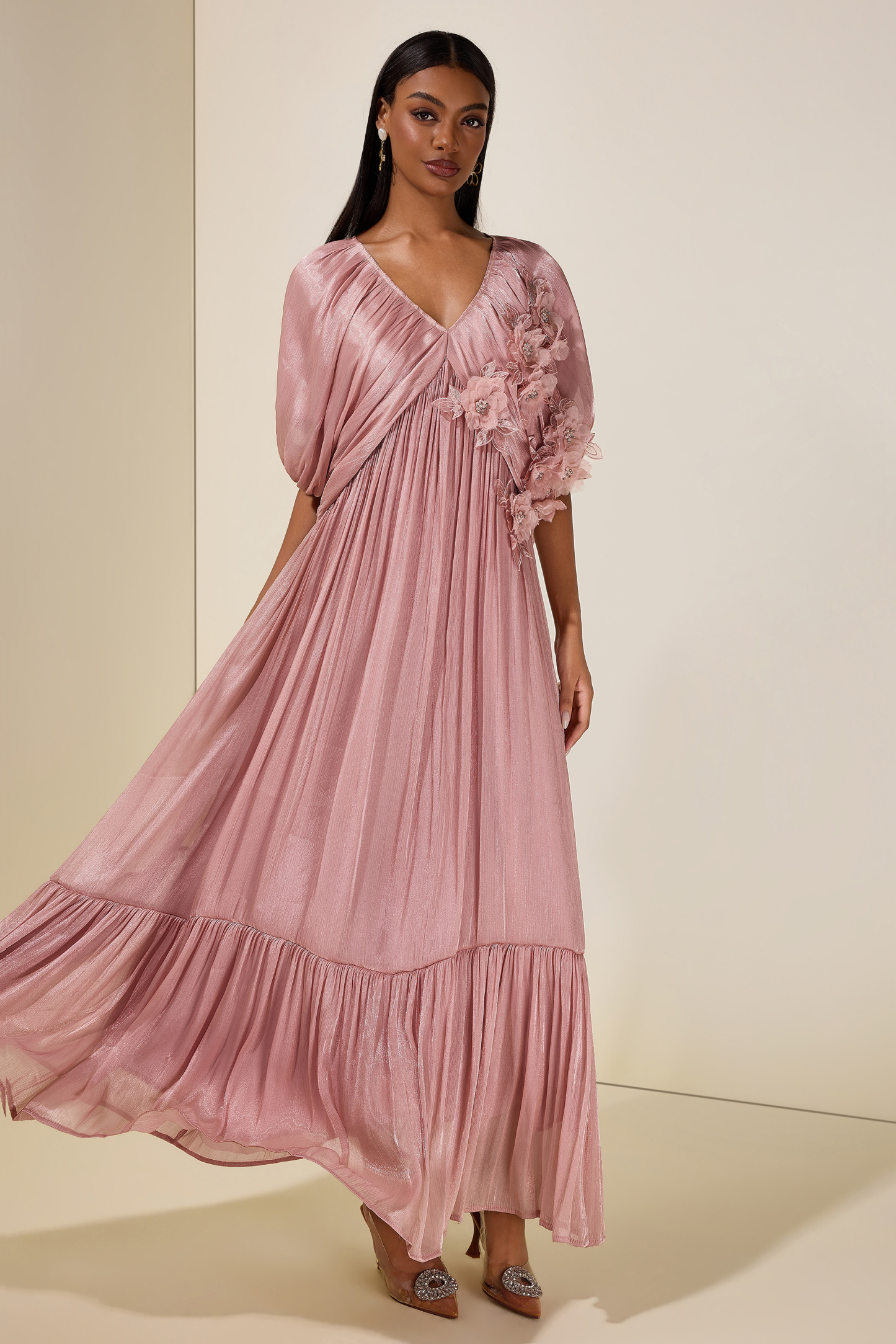 Satin V-Neck Cape Sleeve 3D Flower Maxi Dress