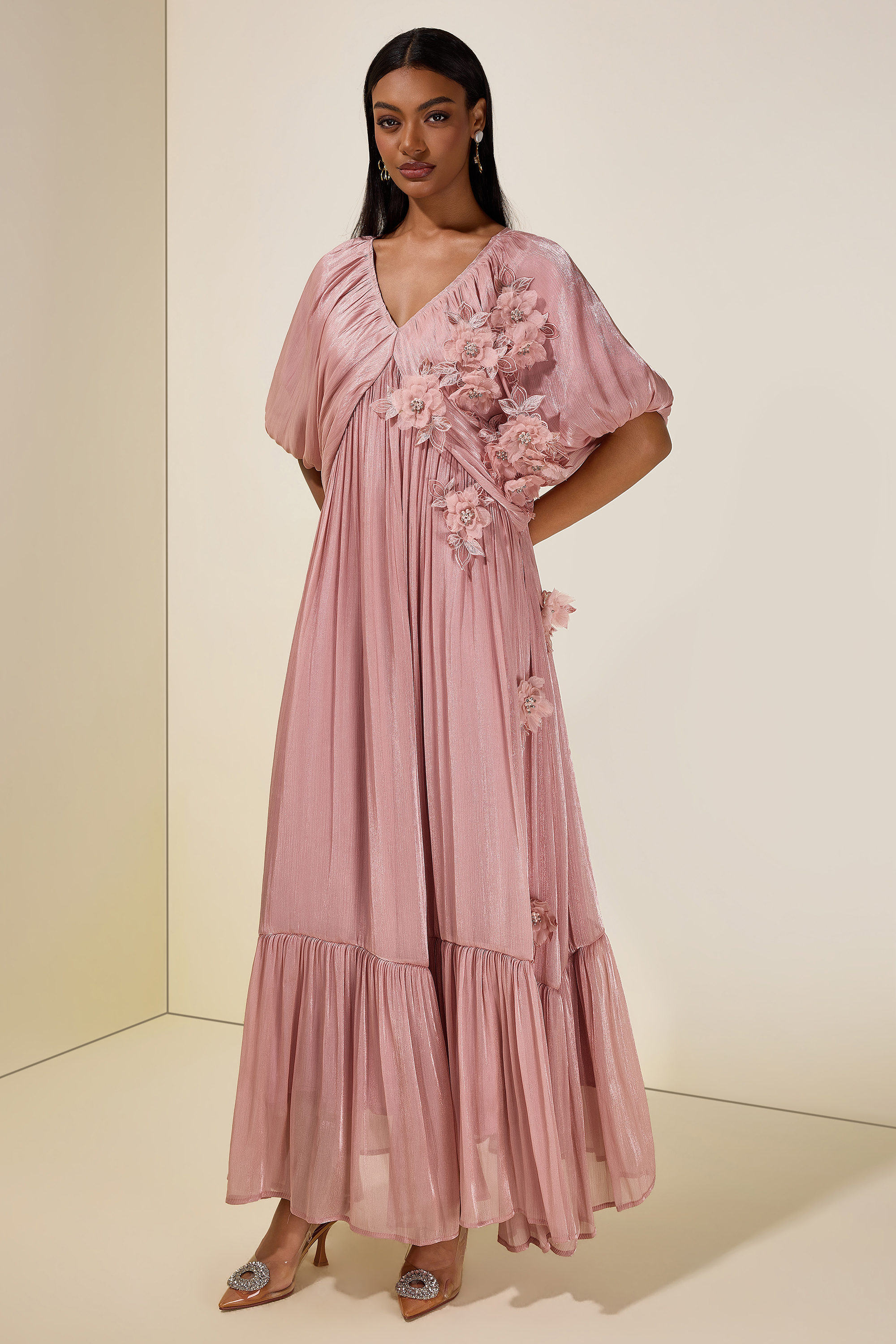 Satin V-Neck Cape Sleeve 3D Flower Maxi Dress