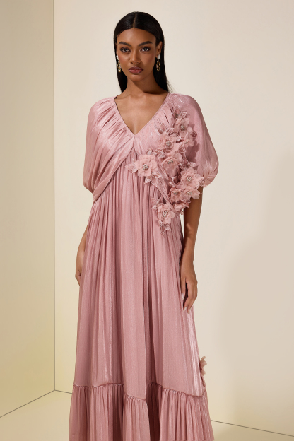 Satin V-Neck Cape Sleeve 3D Flower Maxi Dress