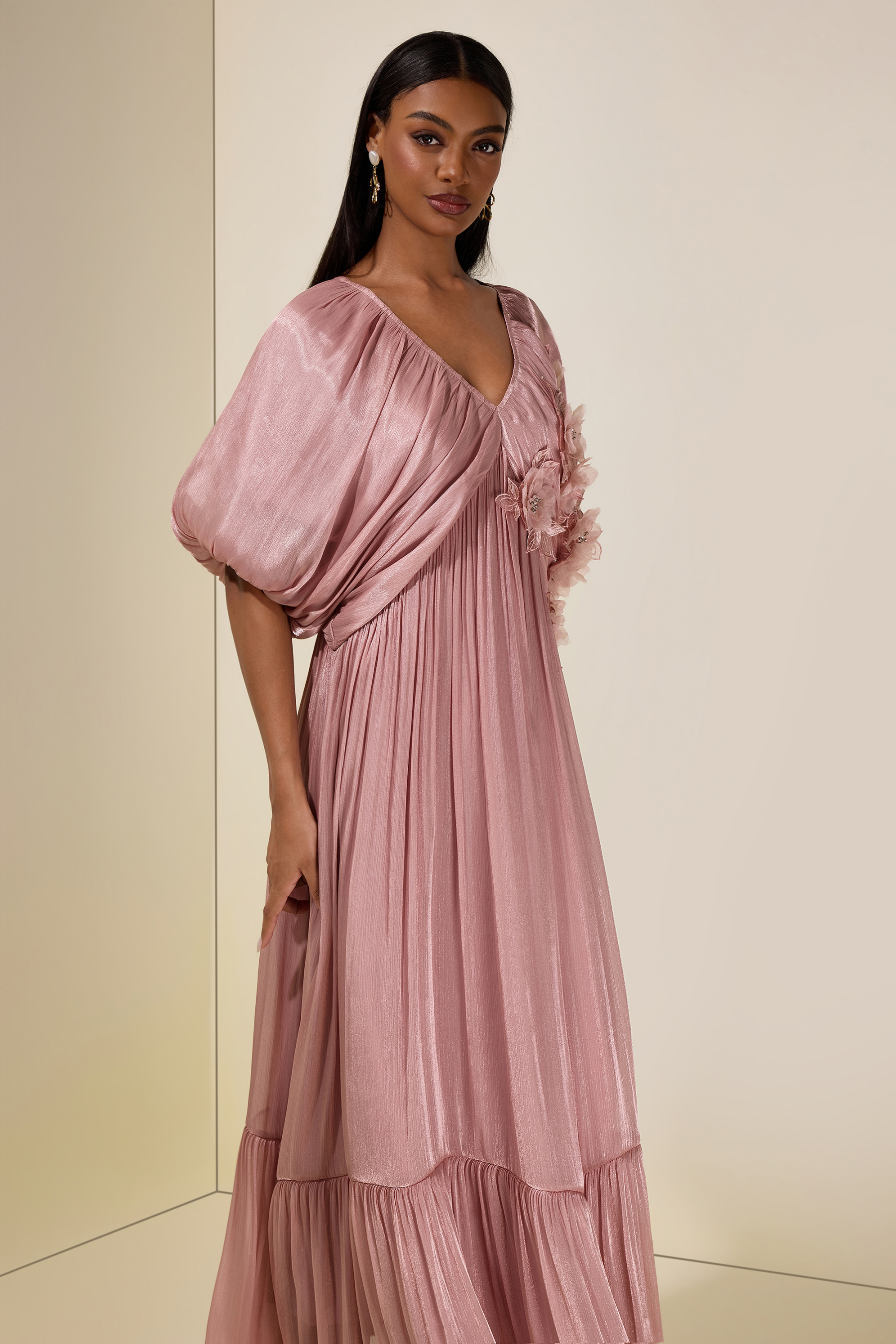 Satin V-Neck Cape Sleeve 3D Flower Maxi Dress