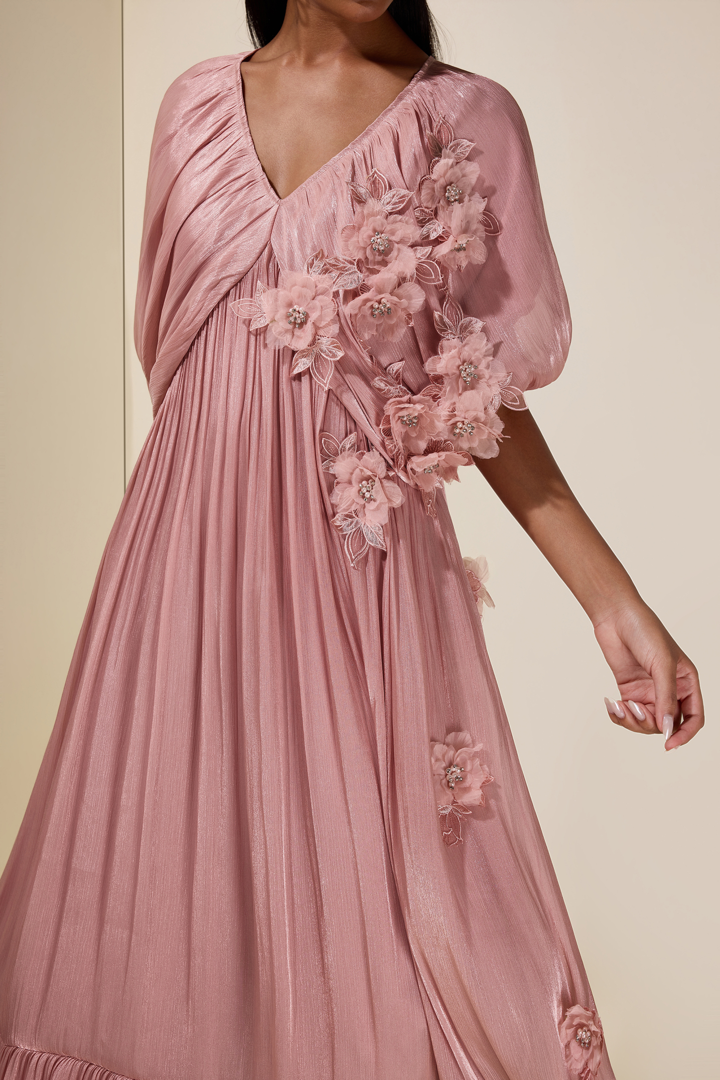 Satin V-Neck Cape Sleeve 3D Flower Maxi Dress