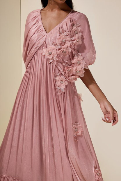 Satin V-Neck Cape Sleeve 3D Flower Maxi Dress