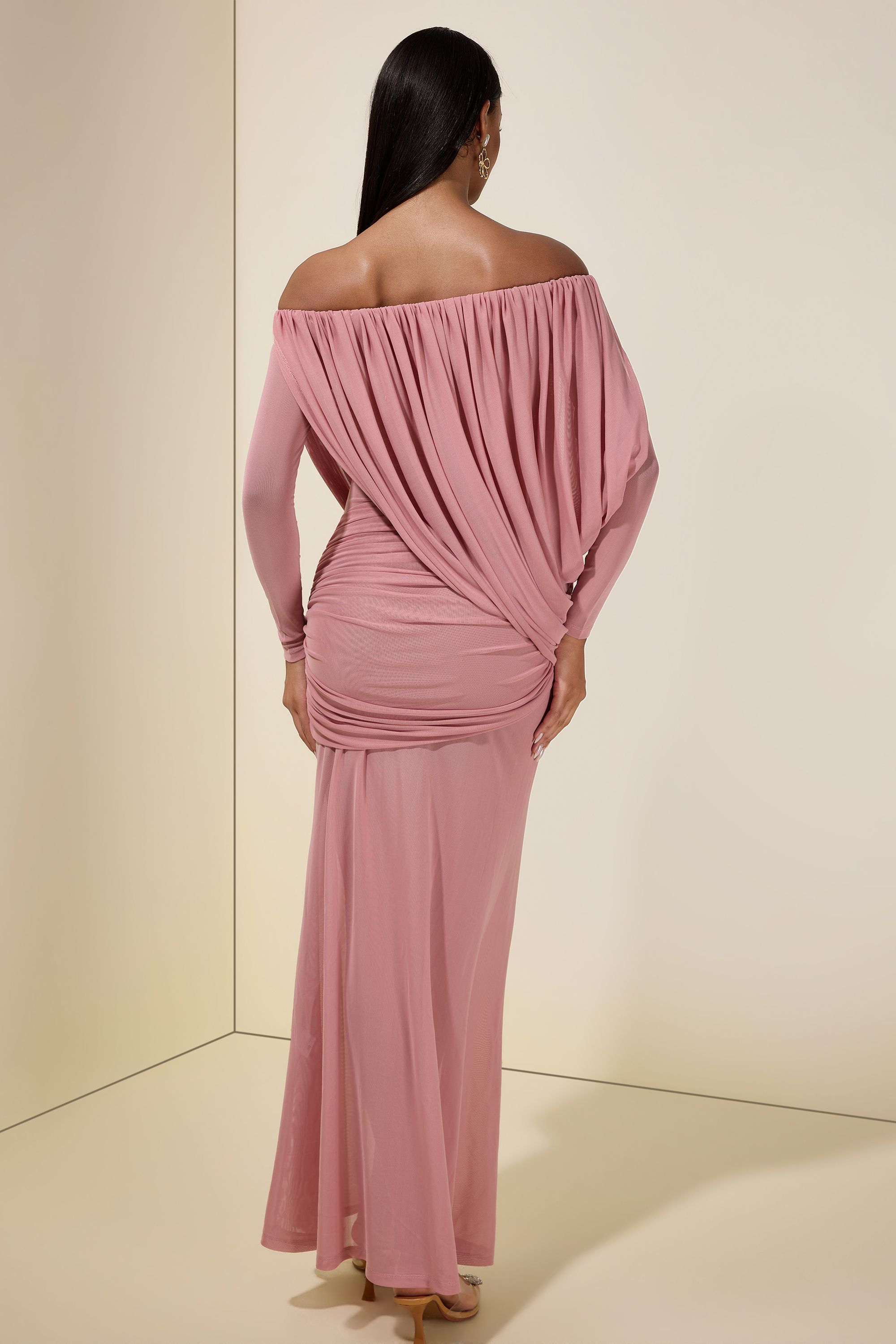 Mesh Asymmetrical Gathering Long Sleeve Maxi Dress