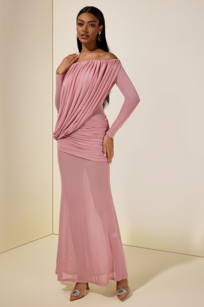 Mesh Asymmetrical Gathering Long Sleeve Maxi Dress