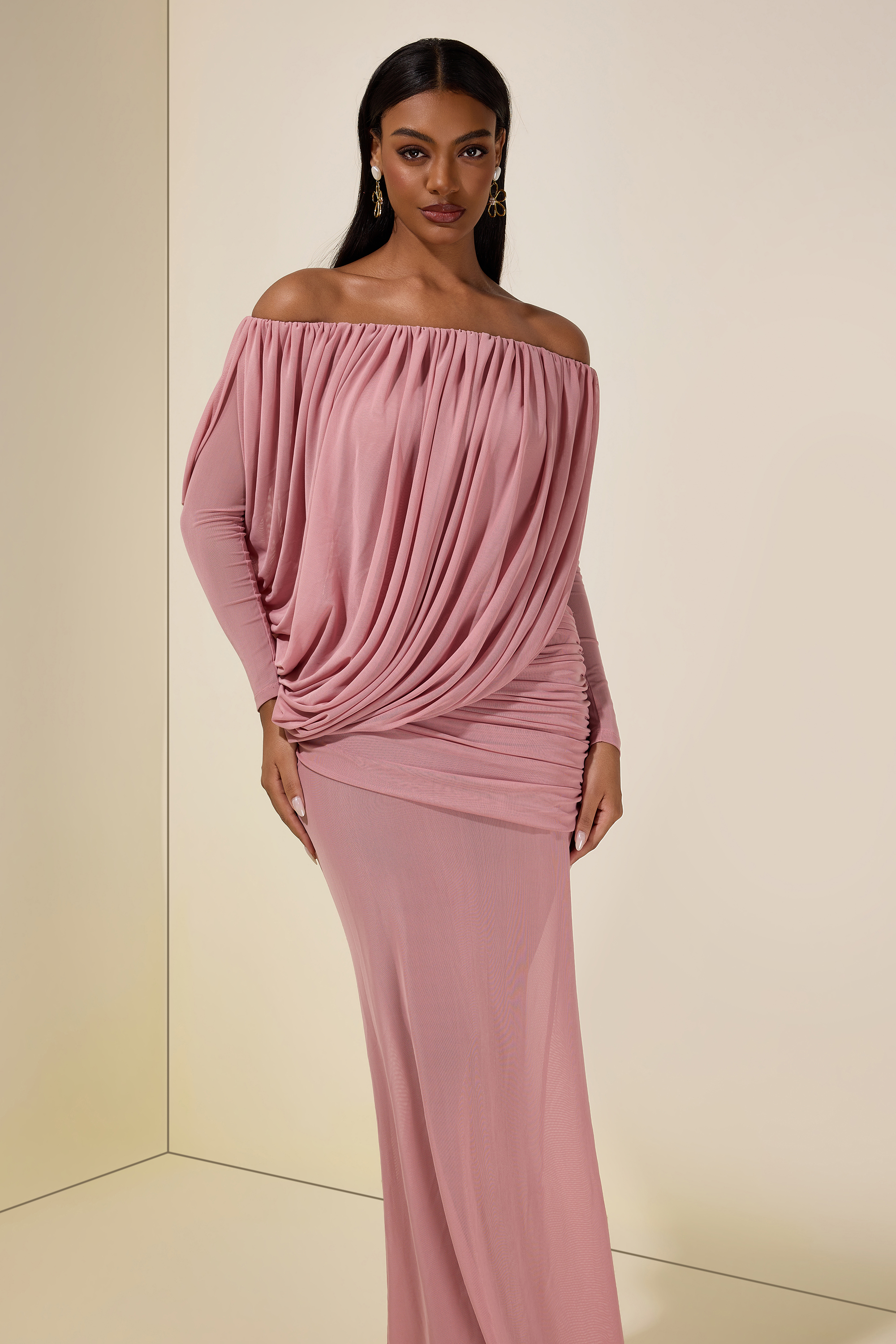 Mesh Asymmetrical Gathering Long Sleeve Maxi Dress