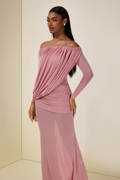 Mesh Asymmetrical Gathering Long Sleeve Maxi Dress
