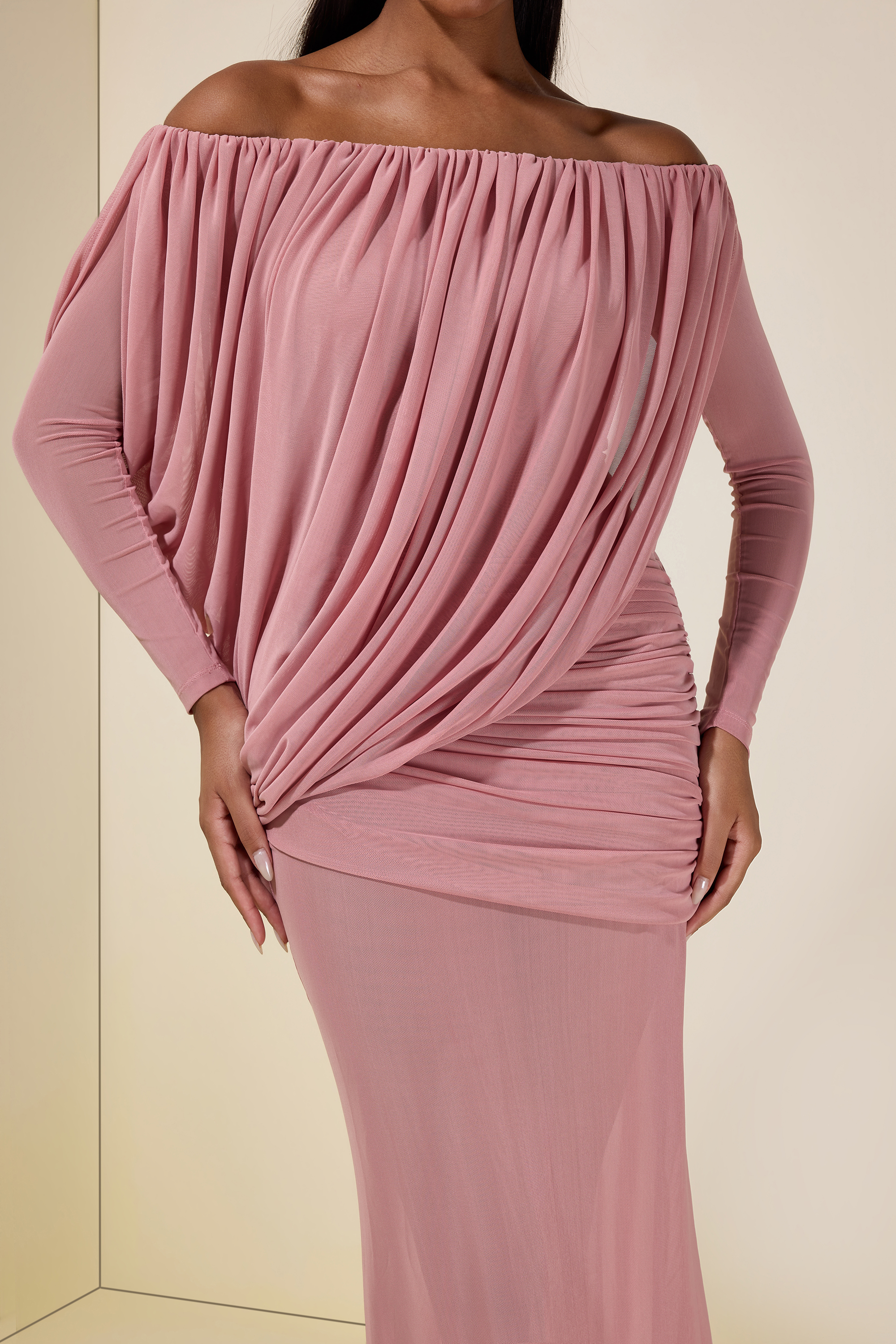 Mesh Asymmetrical Gathering Long Sleeve Maxi Dress