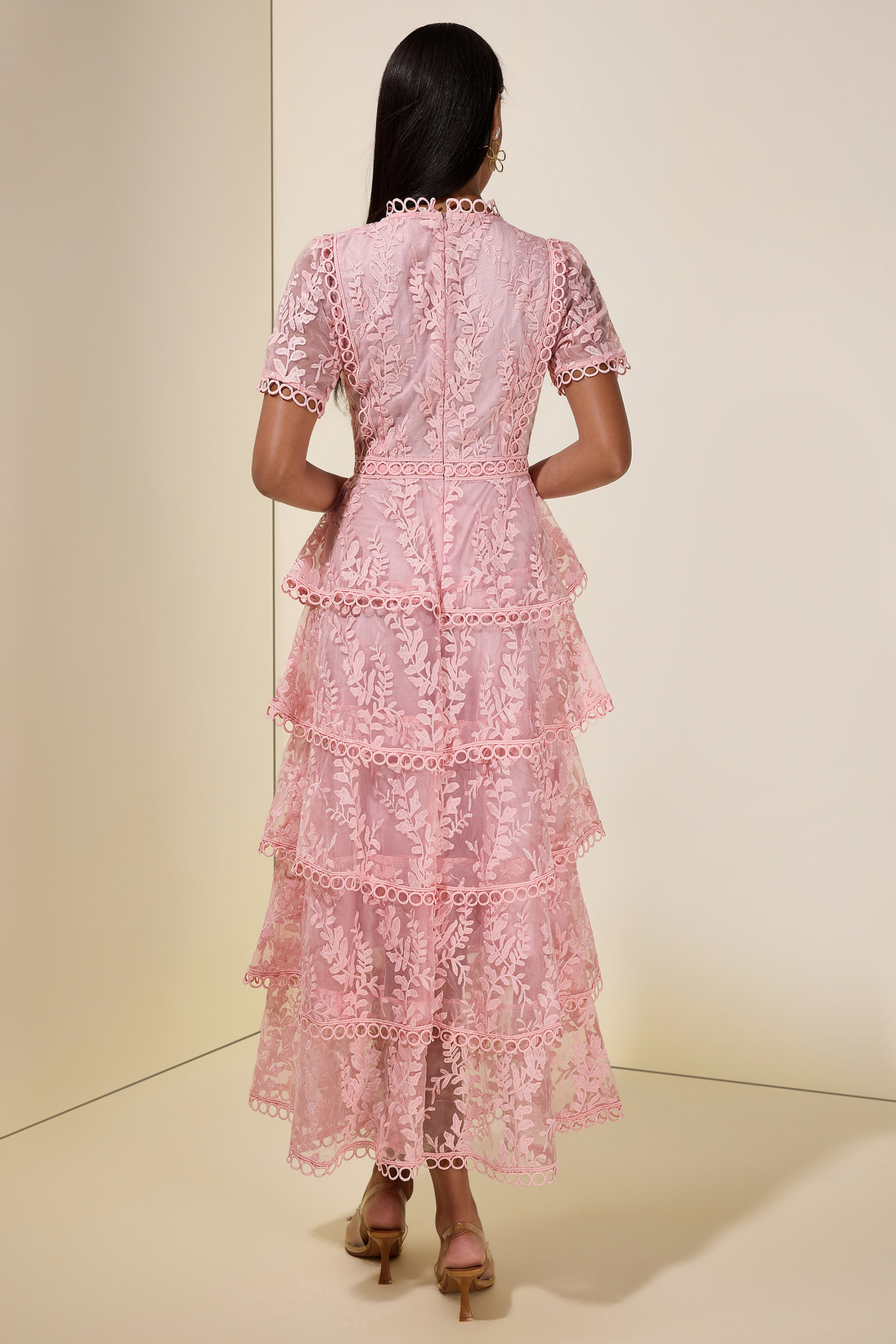 Embroidered Lace Ruffle Maxi Dress
