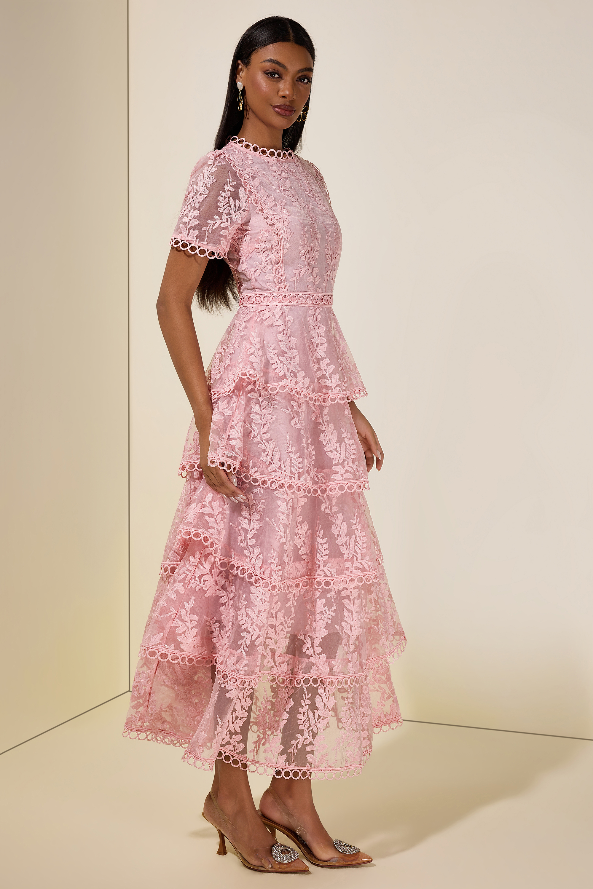 Embroidered Lace Ruffle Maxi Dress