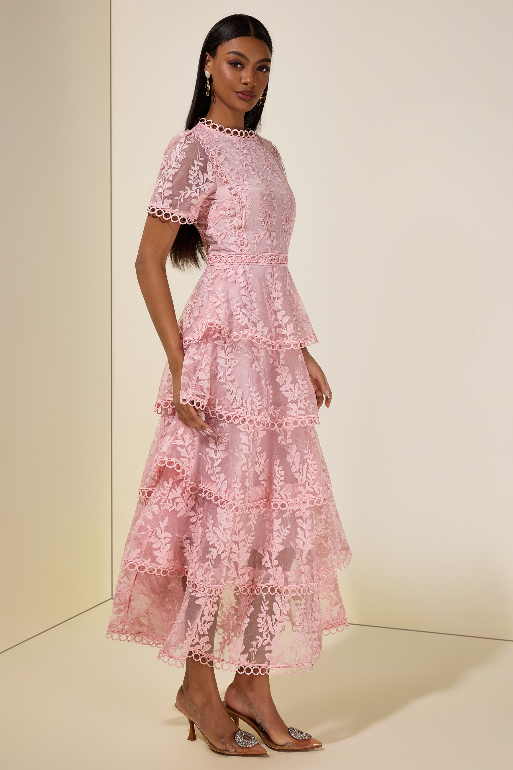 Embroidered Lace Ruffle Maxi Dress
