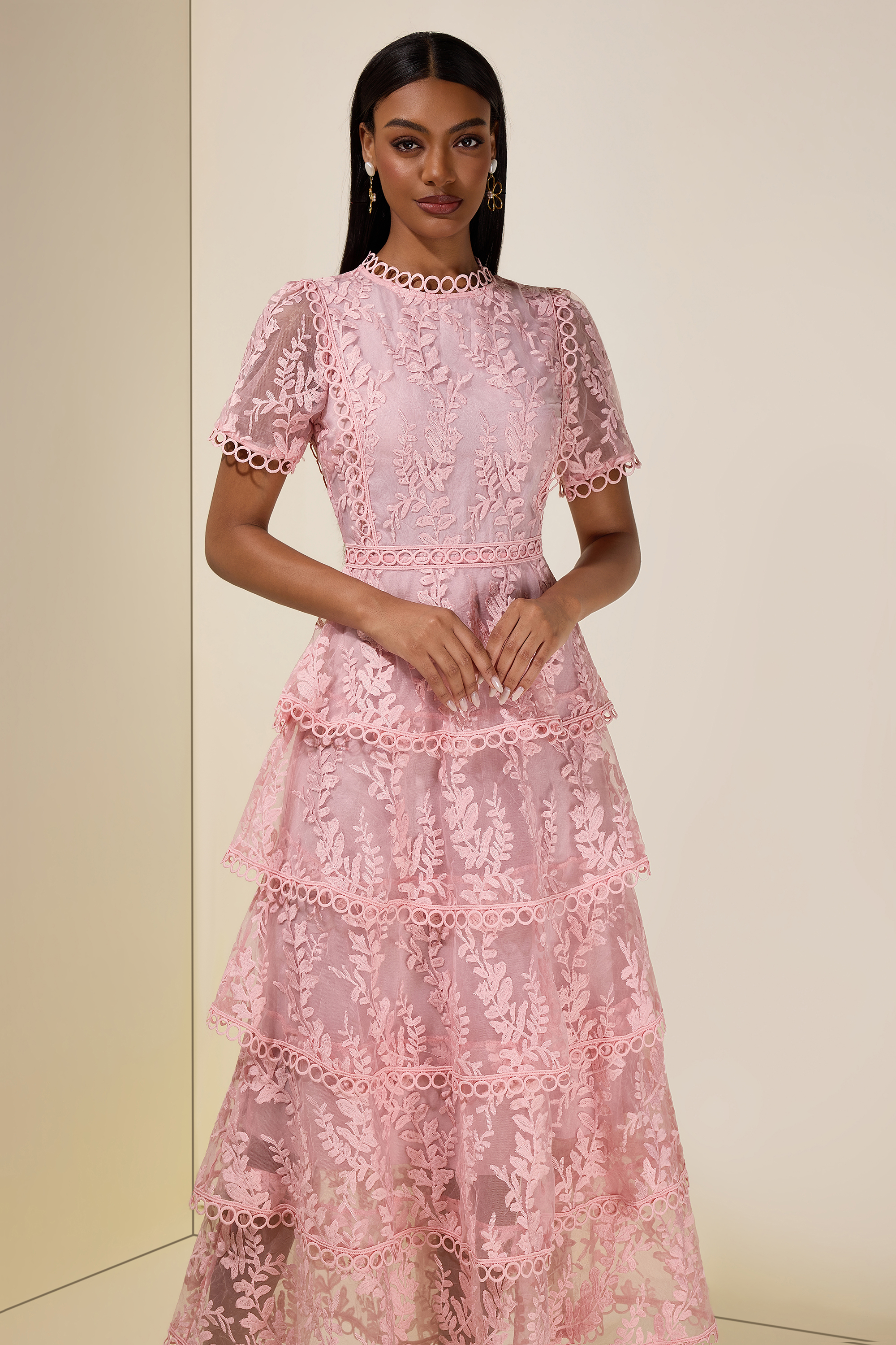 Embroidered Lace Ruffle Maxi Dress