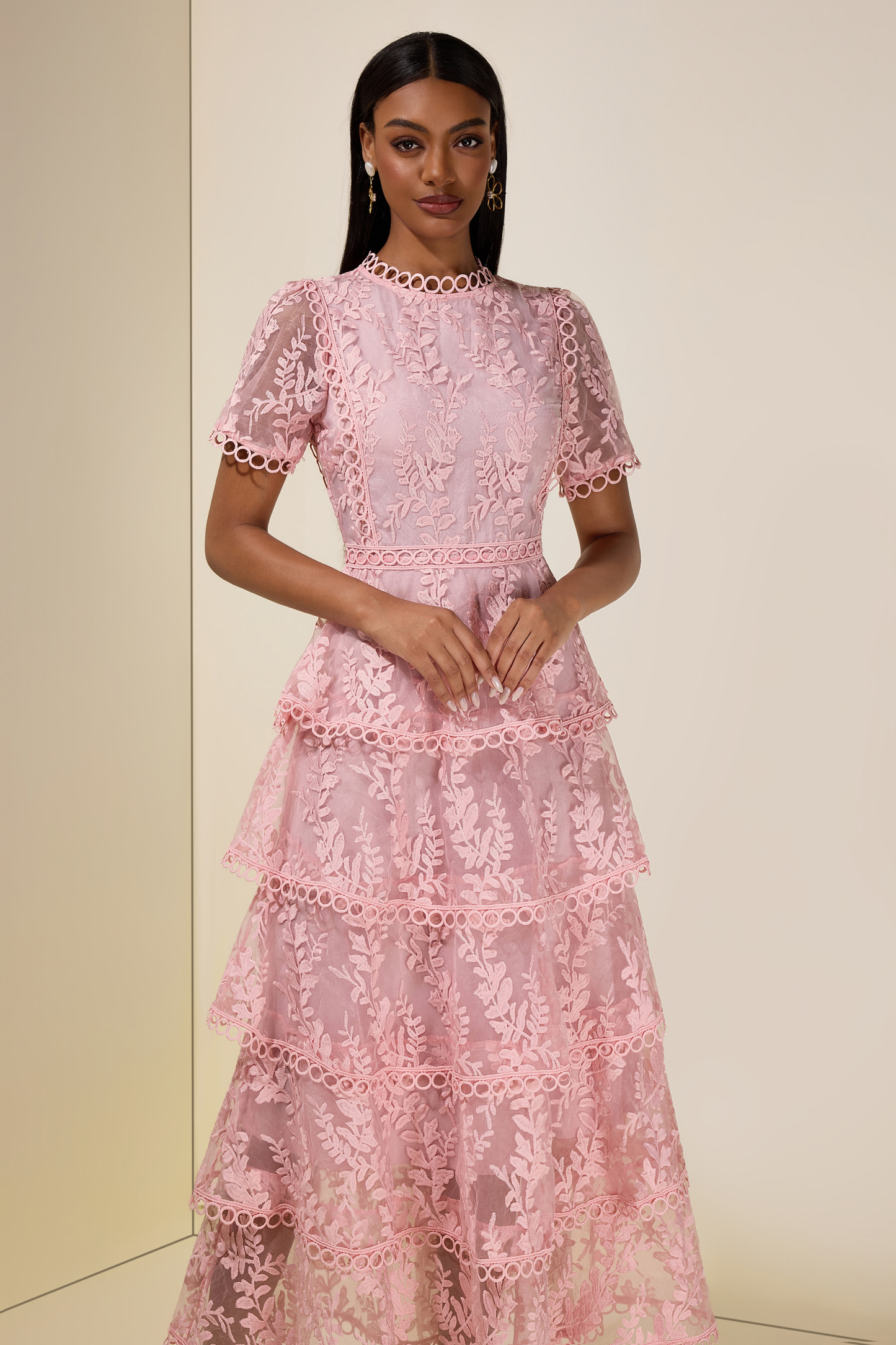 Embroidered Lace Ruffle Maxi Dress