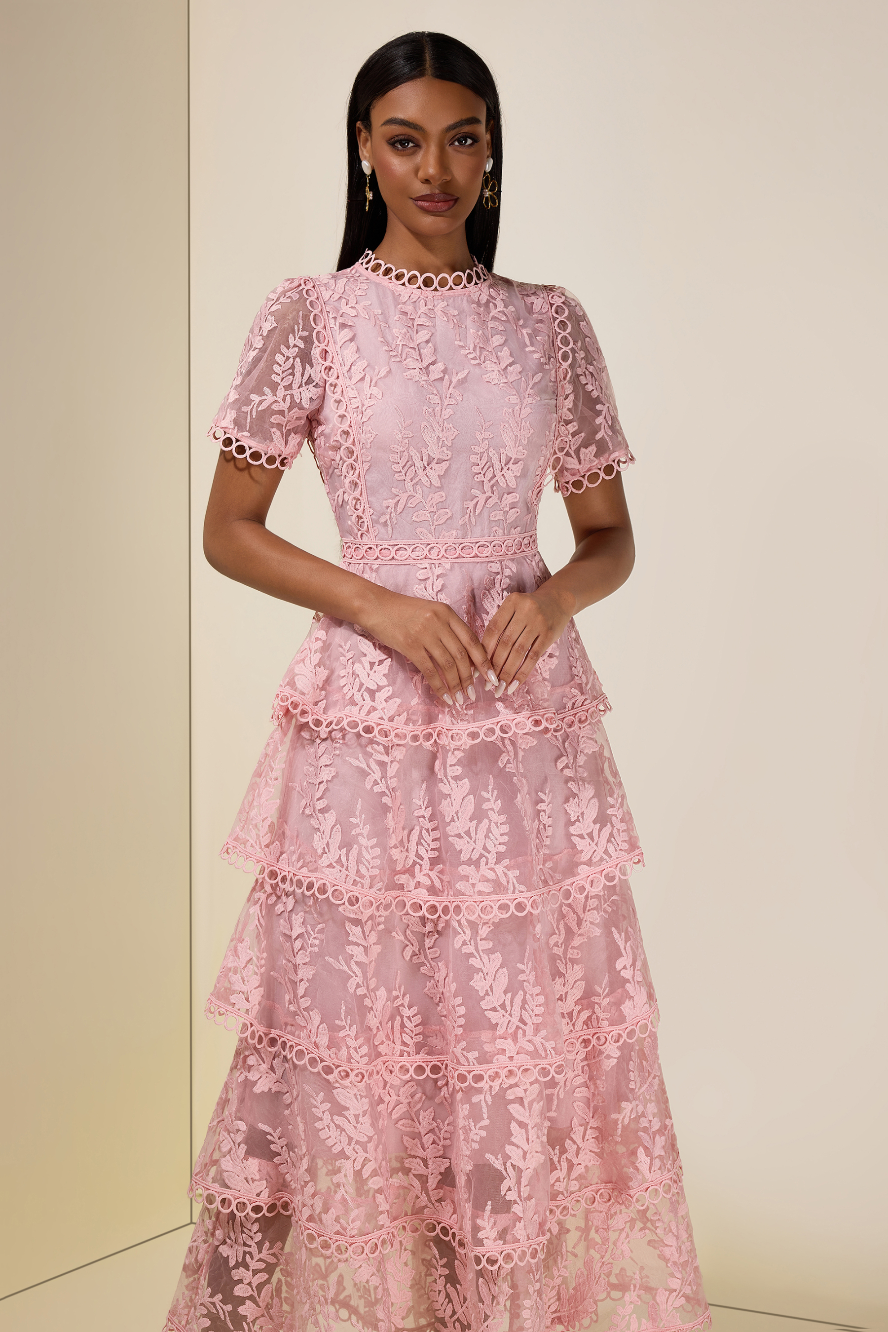 Embroidered Lace Ruffle Maxi Dress