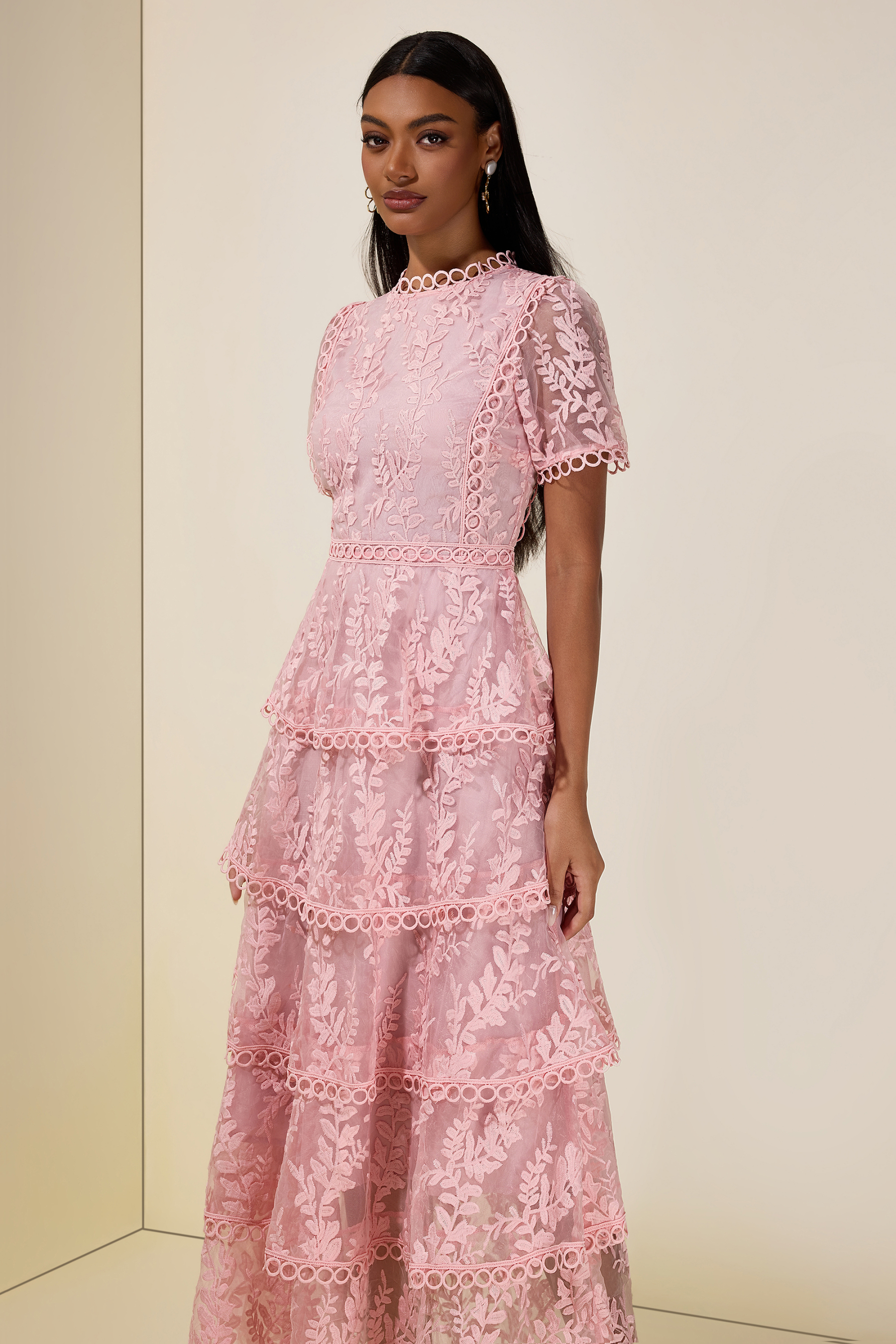 Embroidered Lace Ruffle Maxi Dress