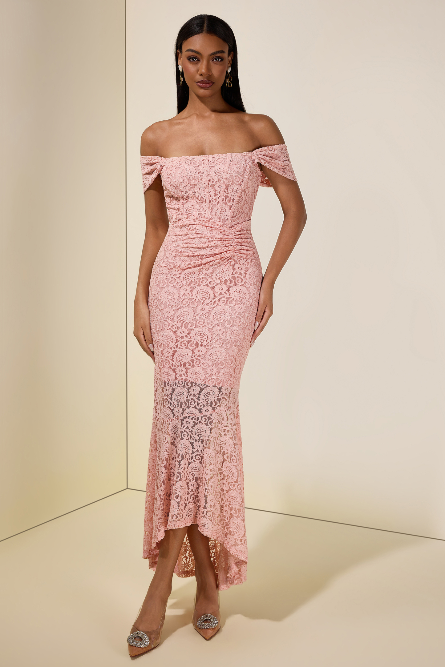 Solid Lace Gathering Midi Dress
