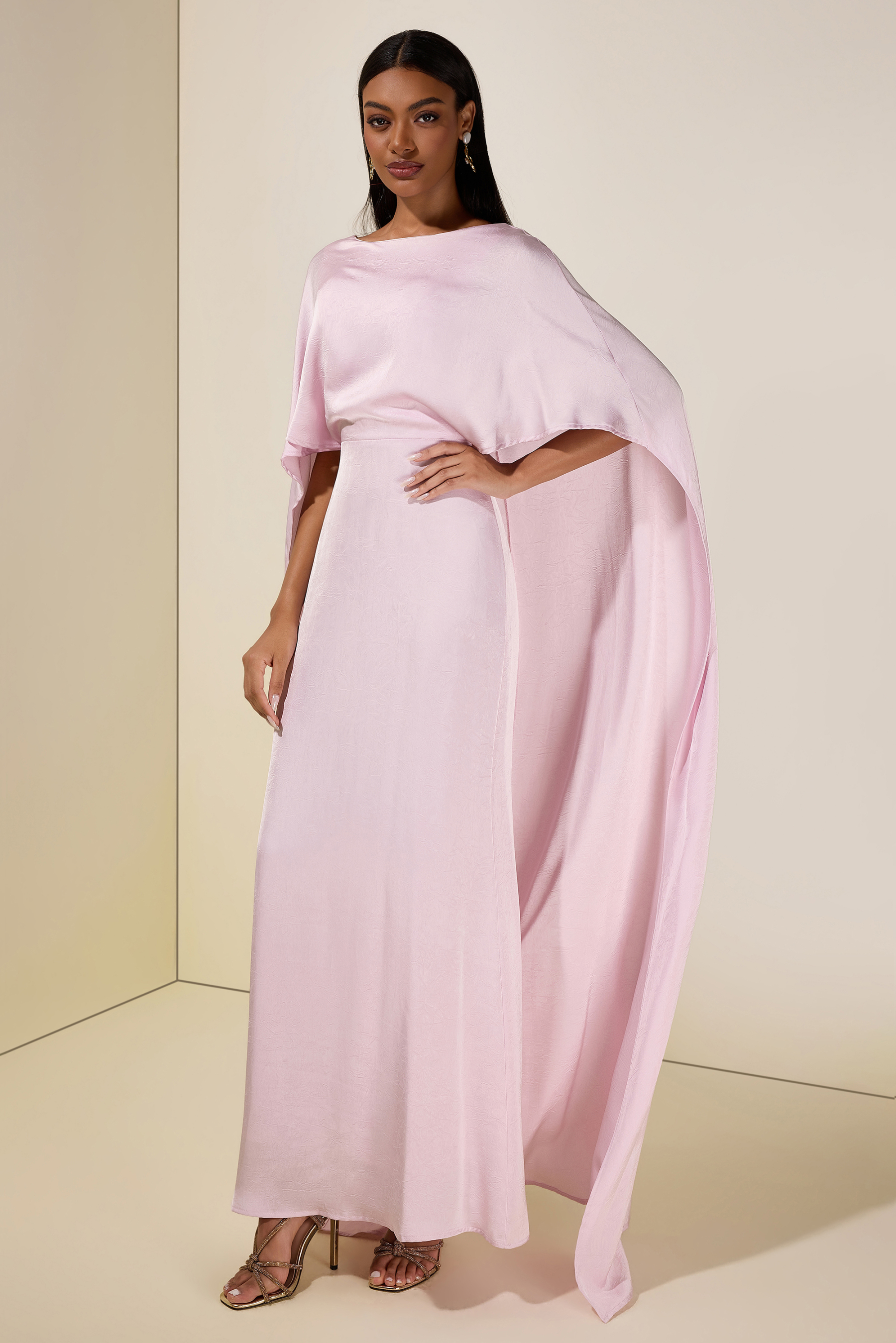 Solid Satin Cape Sleeve Maxi Dress