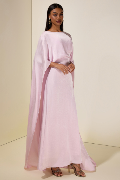 Solid Satin Cape Sleeve Maxi Dress