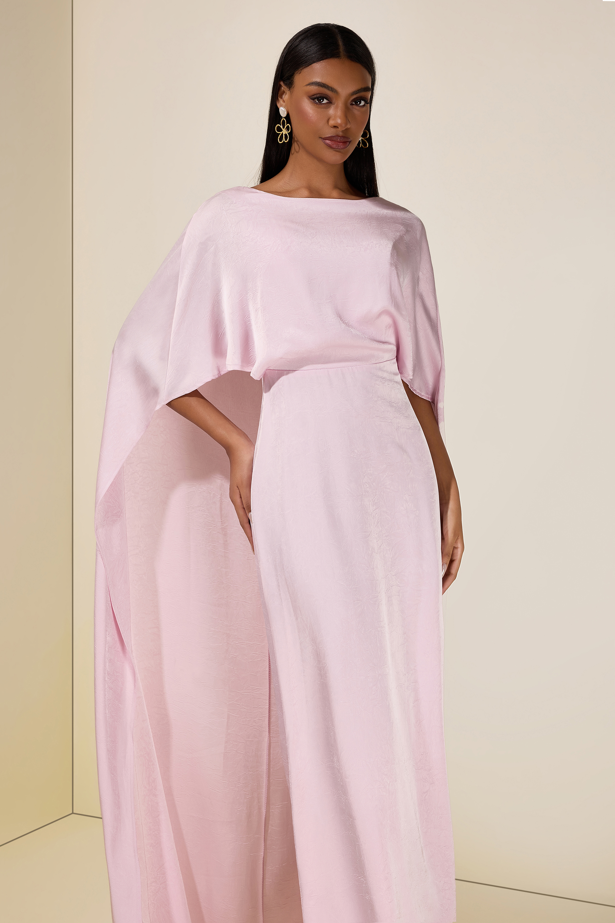 Solid Satin Cape Sleeve Maxi Dress