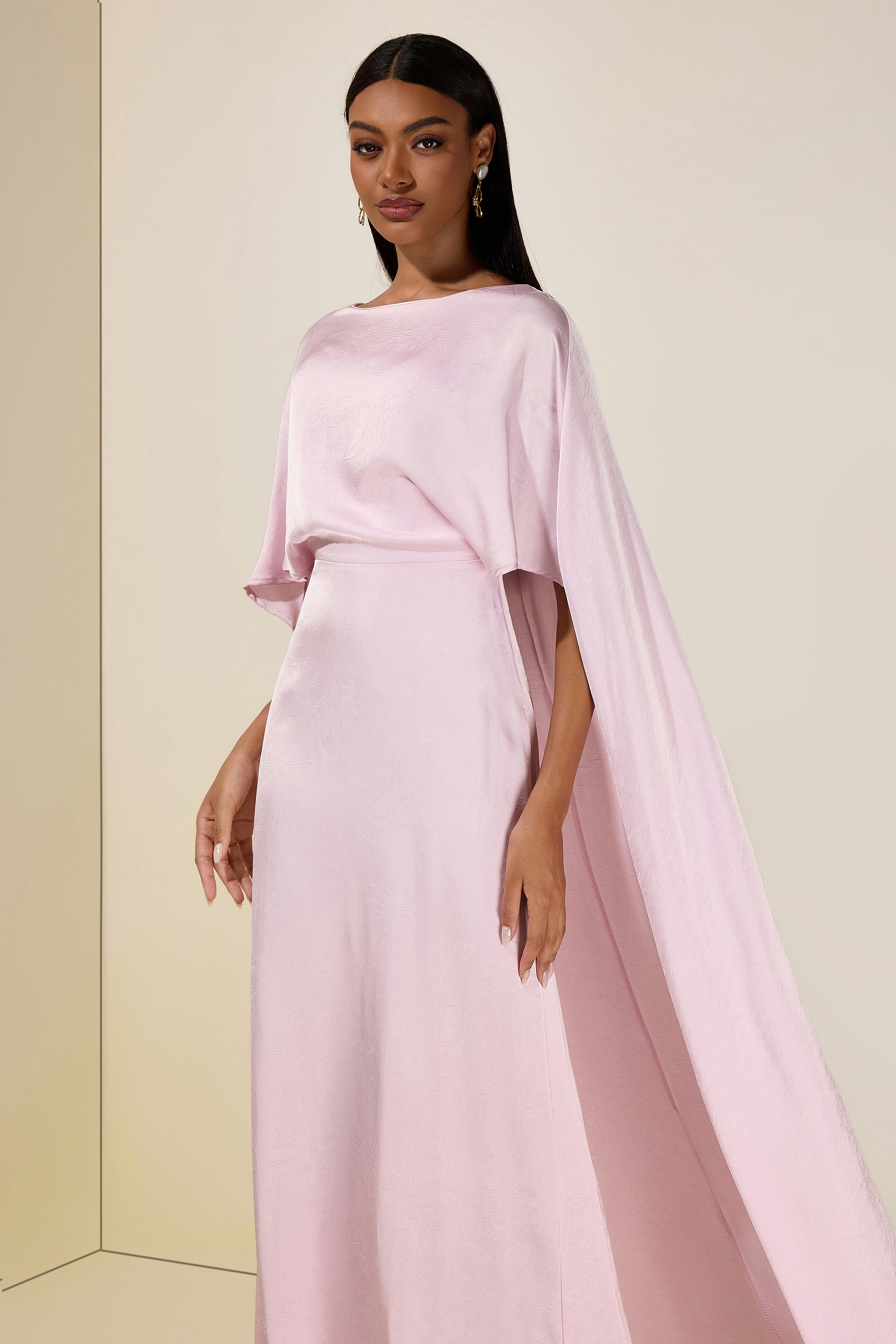 Solid Satin Cape Sleeve Maxi Dress