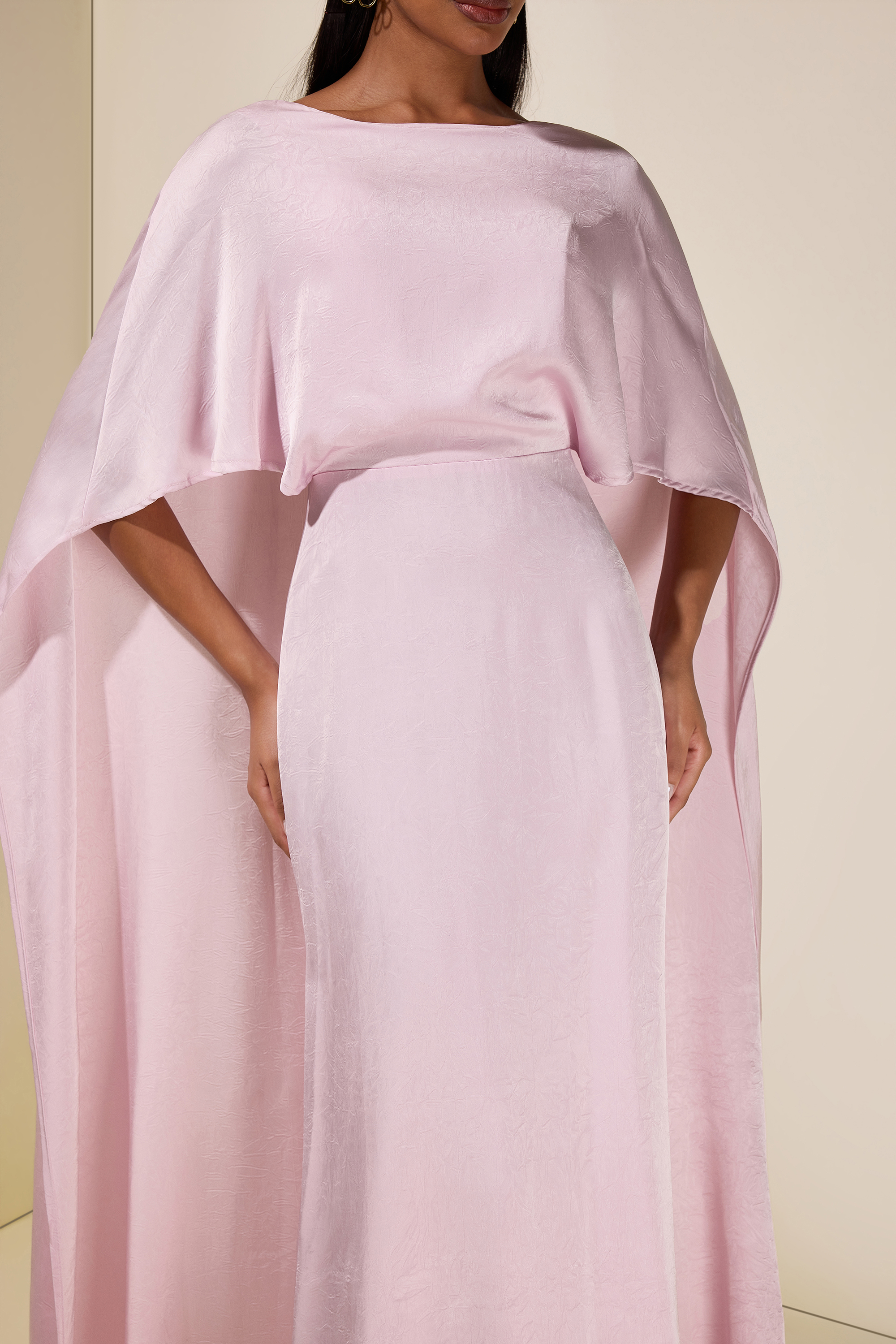Solid Satin Cape Sleeve Maxi Dress